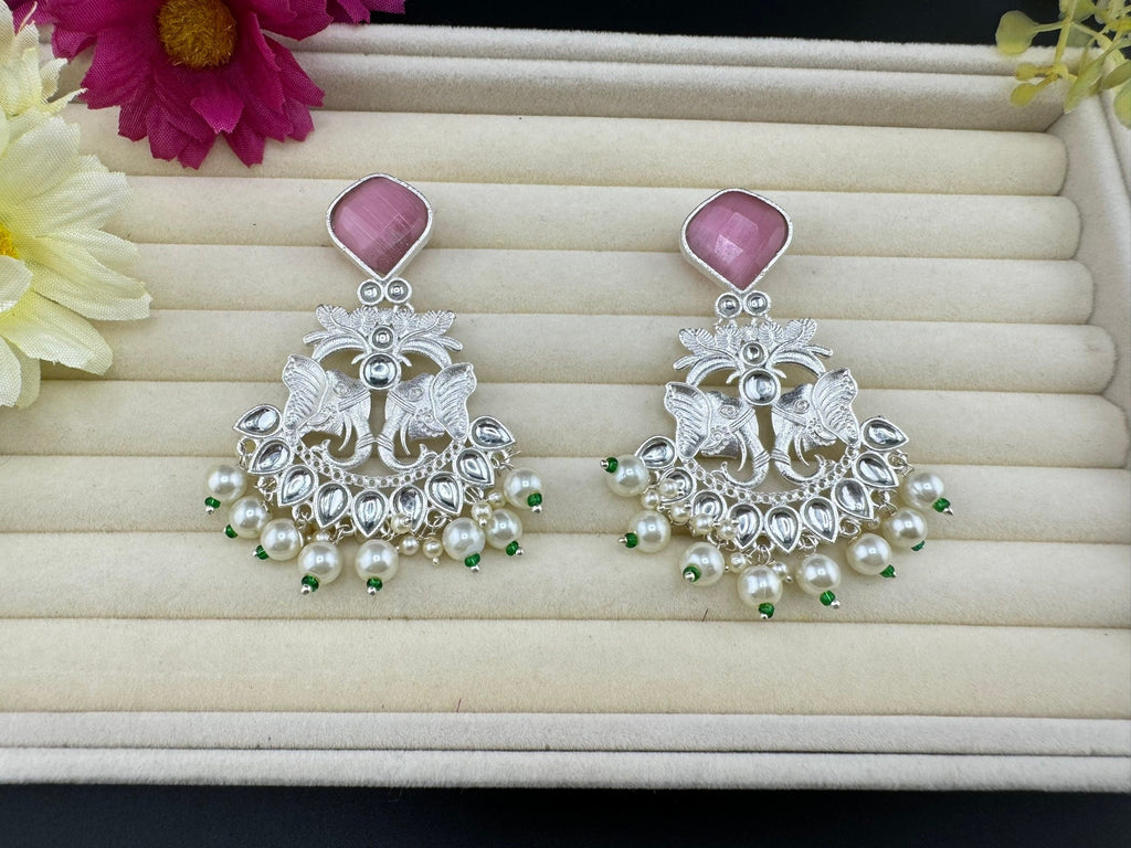 Silver Polish Premium Oxidized German silver Chand Bali with Pink stones pearls and Elephant Design/Boho Earring/Ethnic Earring