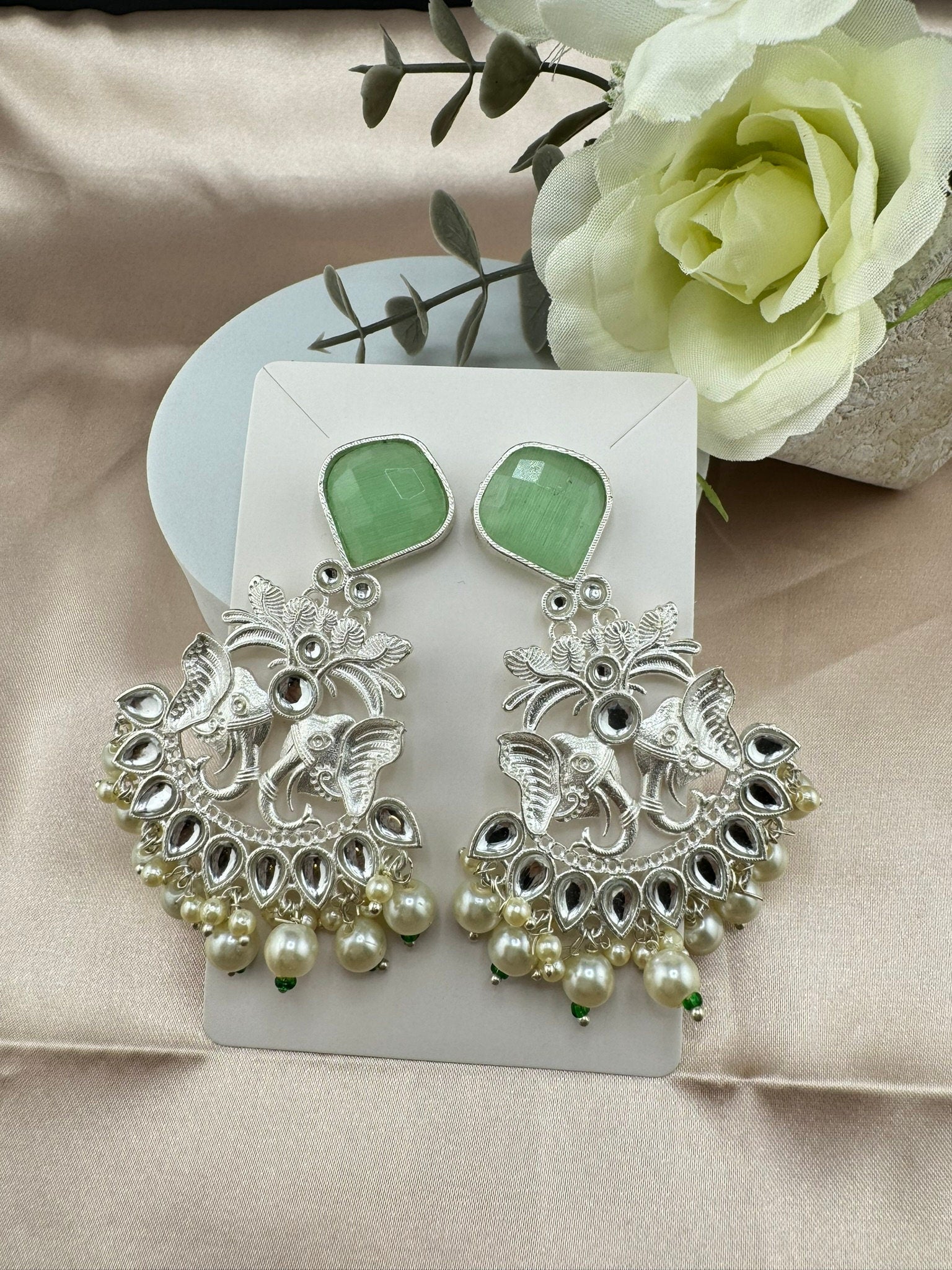 Silver Polish Premium Oxidized German silver Chand Bali with Mint/Light Green stones pearls Elephant Design/Boho Earring/Ethnic Earring