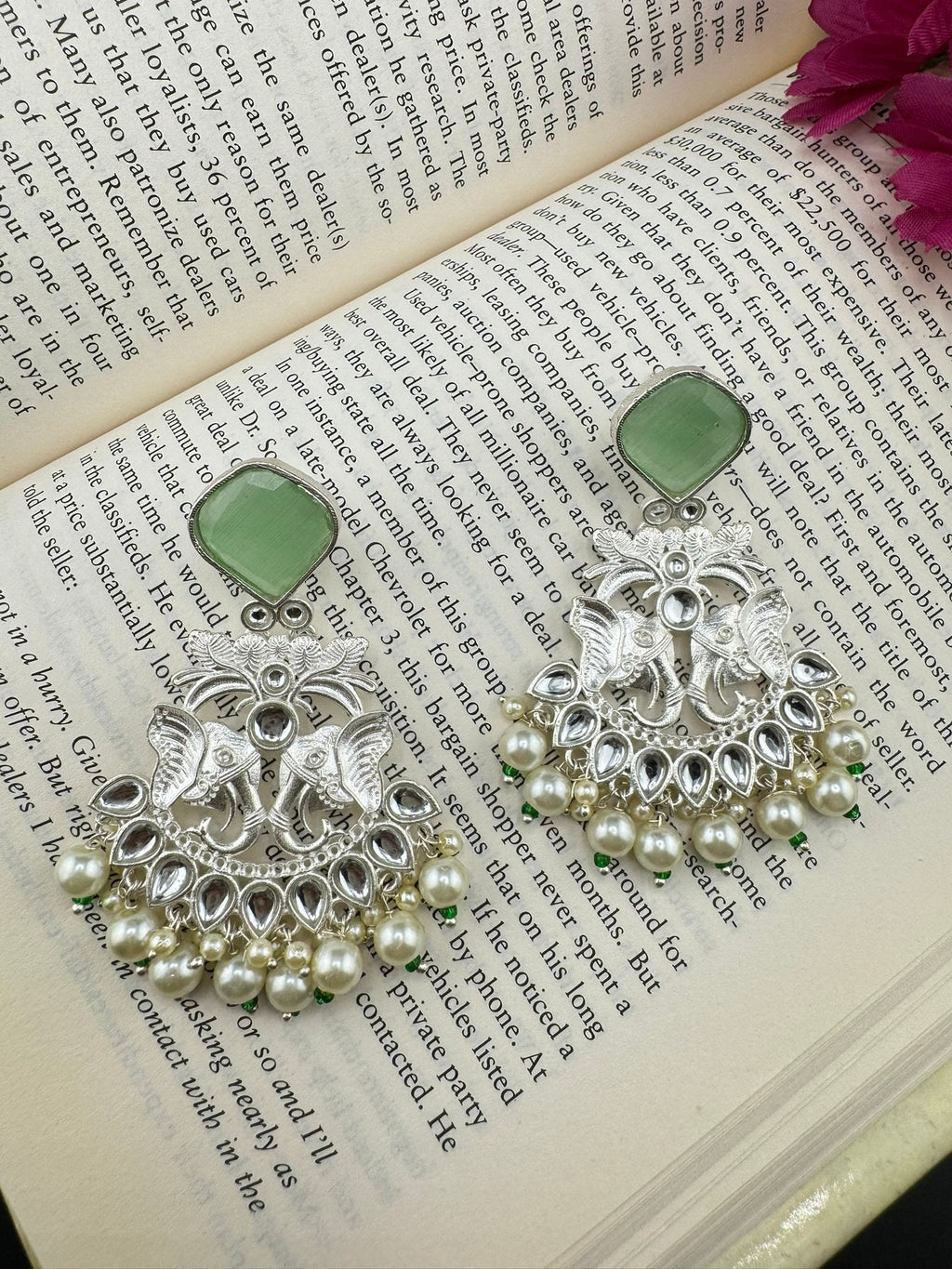 Silver Polish Premium Oxidized German silver Chand Bali with Mint/Light Green stones pearls Elephant Design/Boho Earring/Ethnic Earring