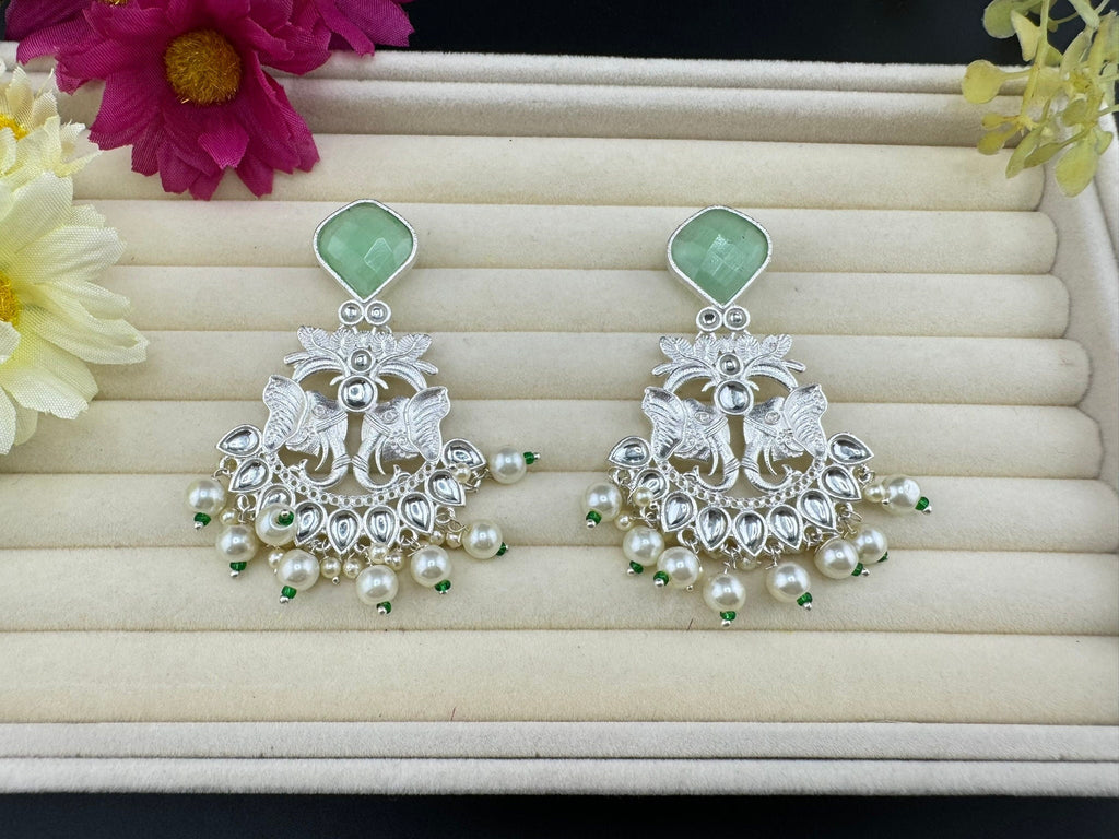 Silver Polish Premium Oxidized German silver Chand Bali with Mint/Light Green stones pearls Elephant Design/Boho Earring/Ethnic Earring