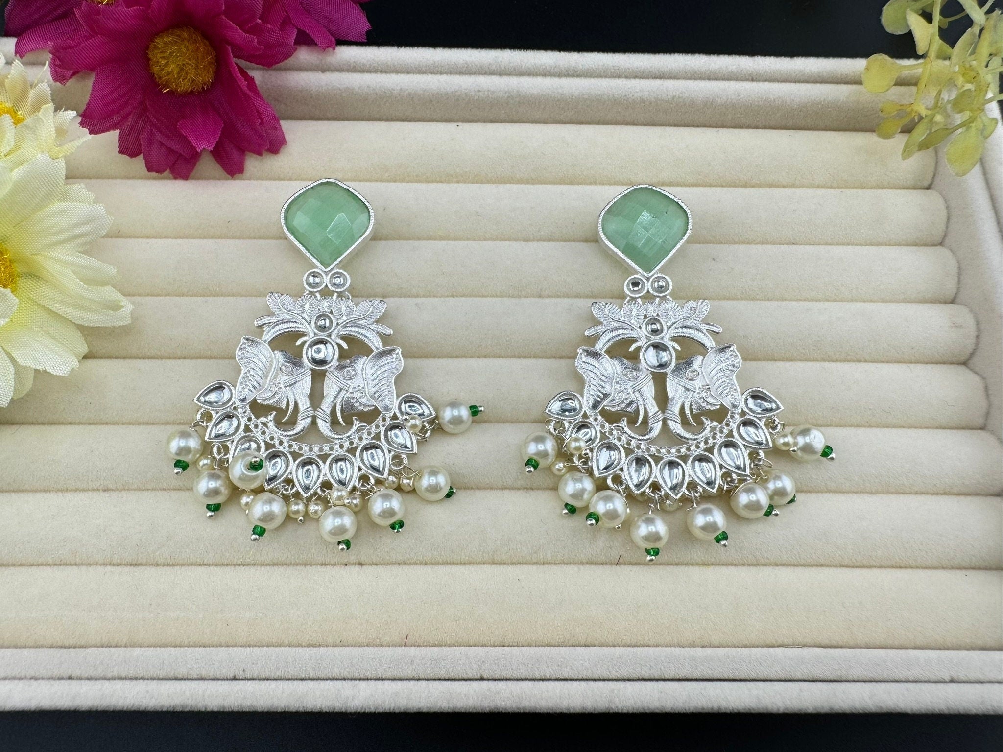 Silver Polish Premium Oxidized German silver Chand Bali with Mint/Light Green stones pearls Elephant Design/Boho Earring/Ethnic Earring