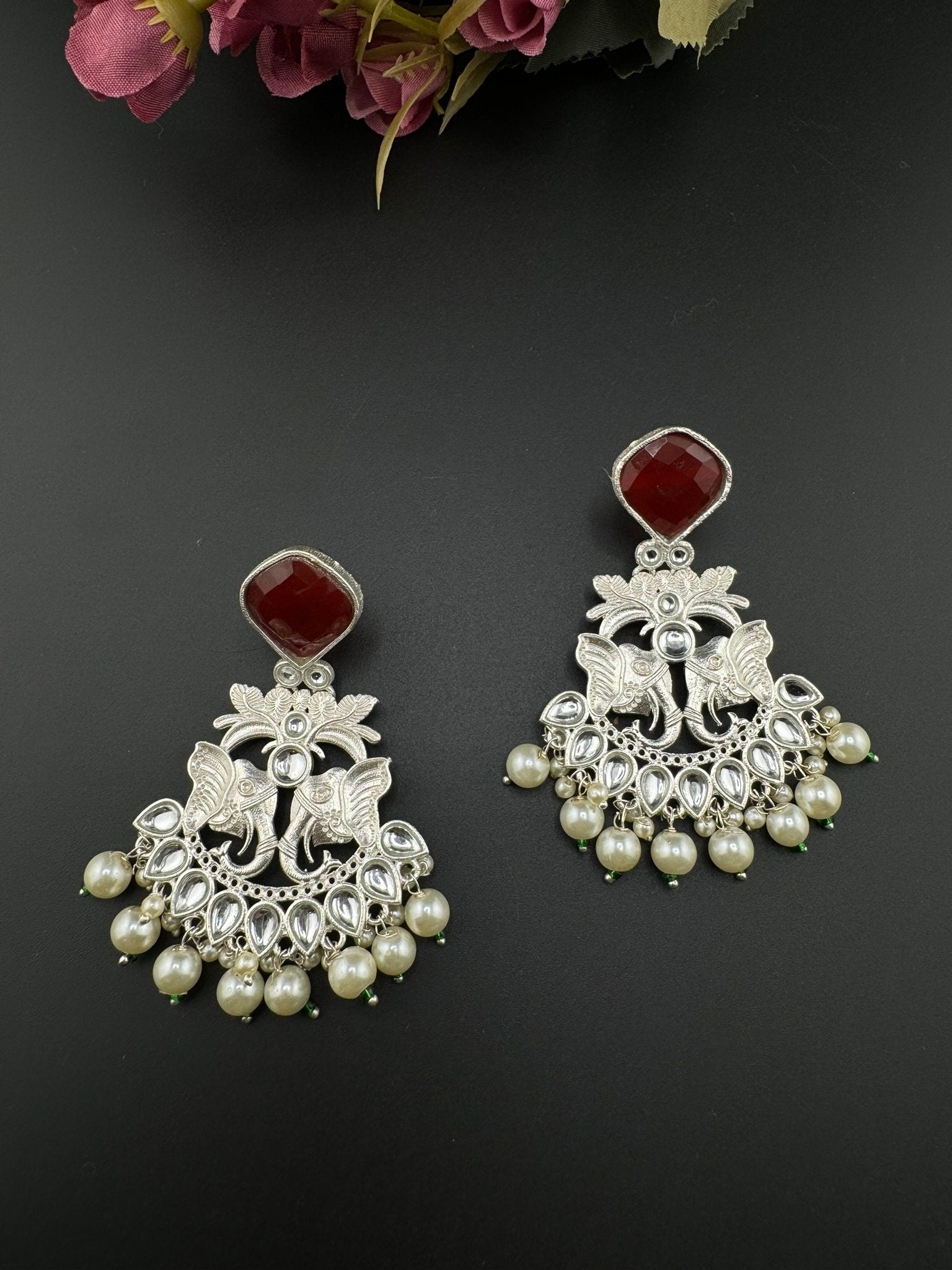 Silver Polish Premium Oxidized German silver Chand Bali with Ruby Red stones pearls Elephant Design/Boho Earring/Ethnic Earring