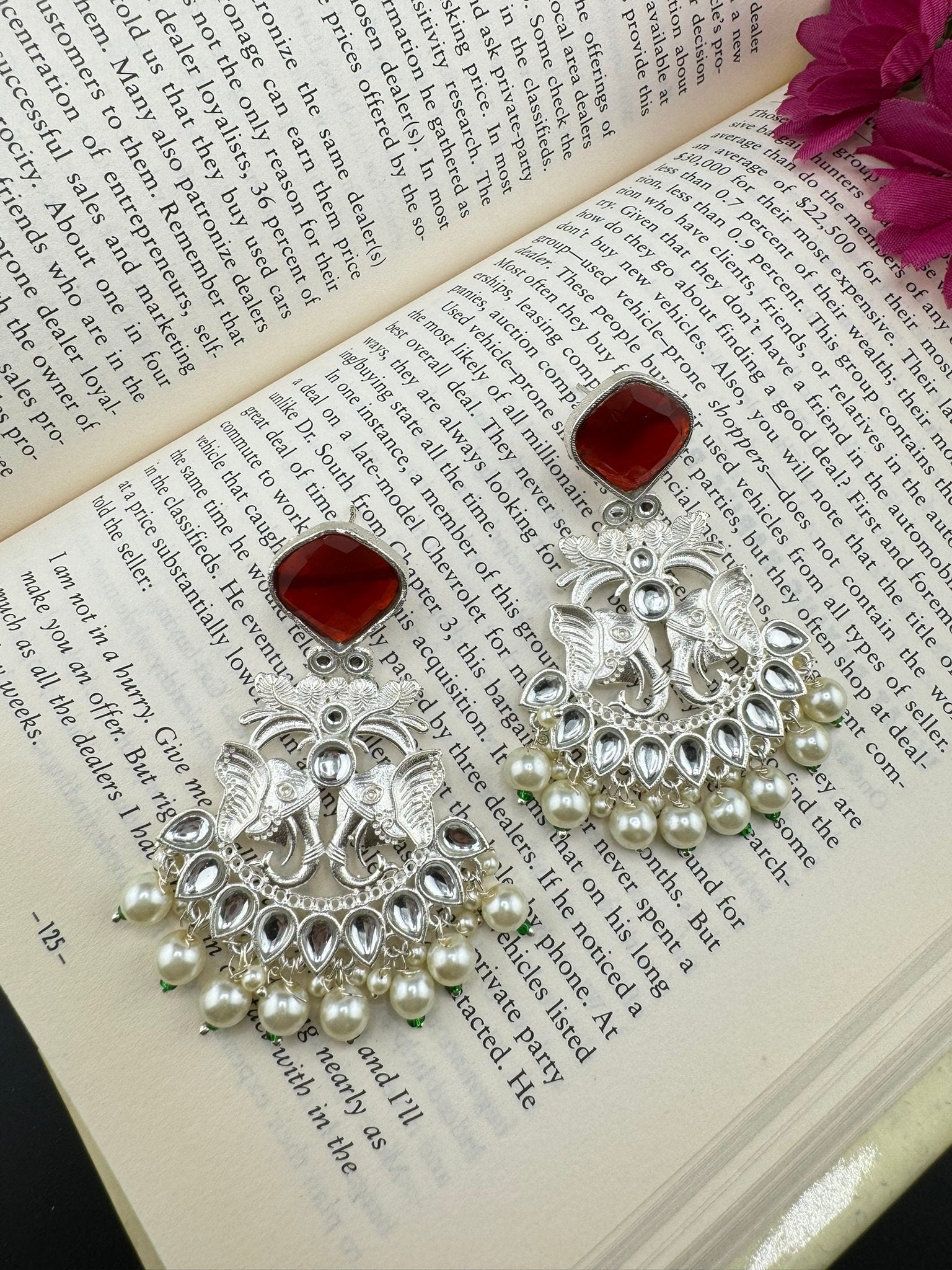 Silver Polish Premium Oxidized German silver Chand Bali with Ruby Red stones pearls Elephant Design/Boho Earring/Ethnic Earring