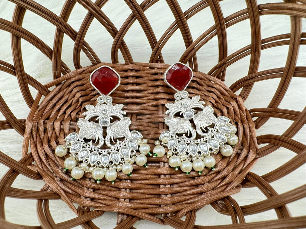 Silver Polish Premium Oxidized German silver Chand Bali with Ruby Red stones pearls Elephant Design/Boho Earring/Ethnic Earring