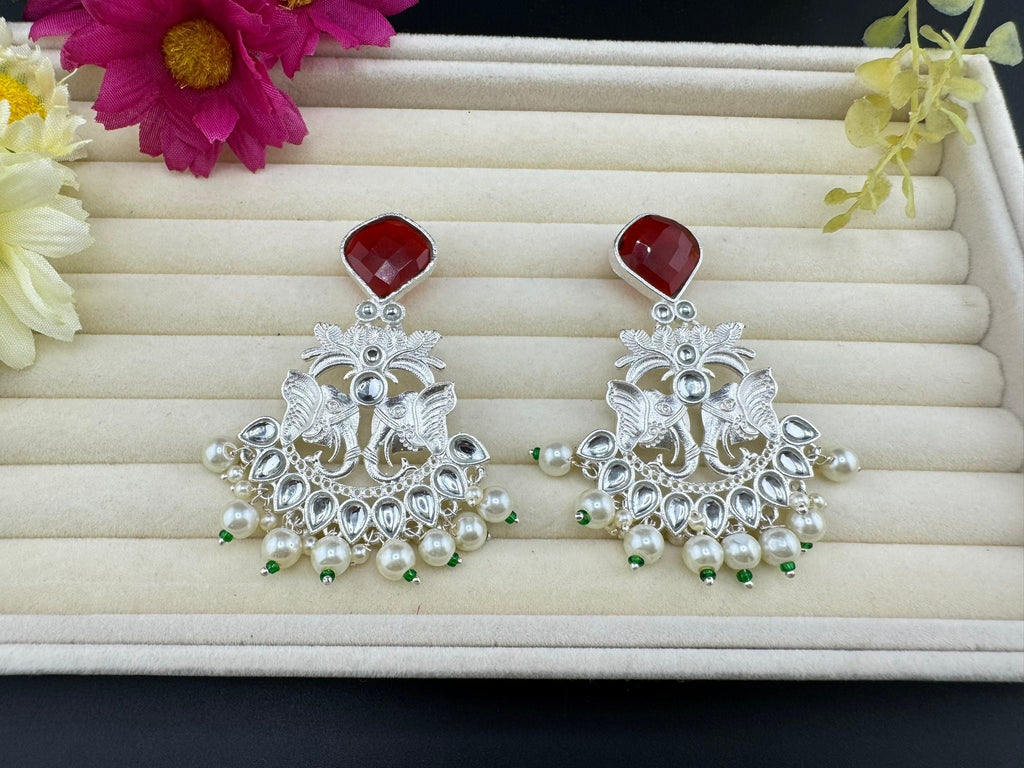 Silver Polish Premium Oxidized German silver Chand Bali with Ruby Red stones pearls Elephant Design/Boho Earring/Ethnic Earring