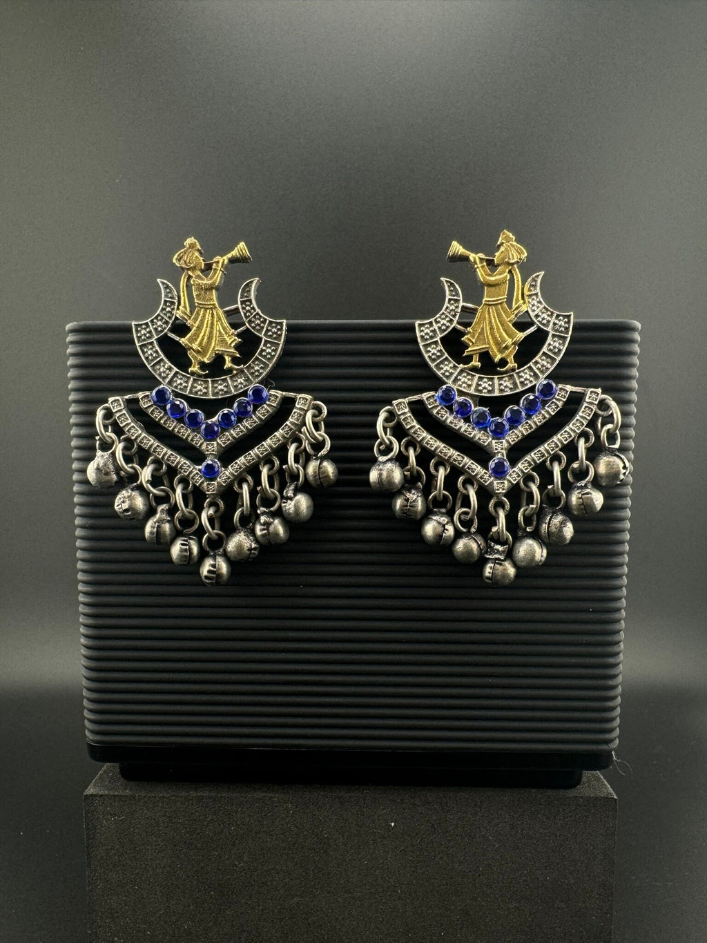 Silver Polish Oxidized German silver Blue Chand Bali with stones, Ghungroo in Baja Barati Design/Boho Earring/Ethnic Earring/Wedding earring