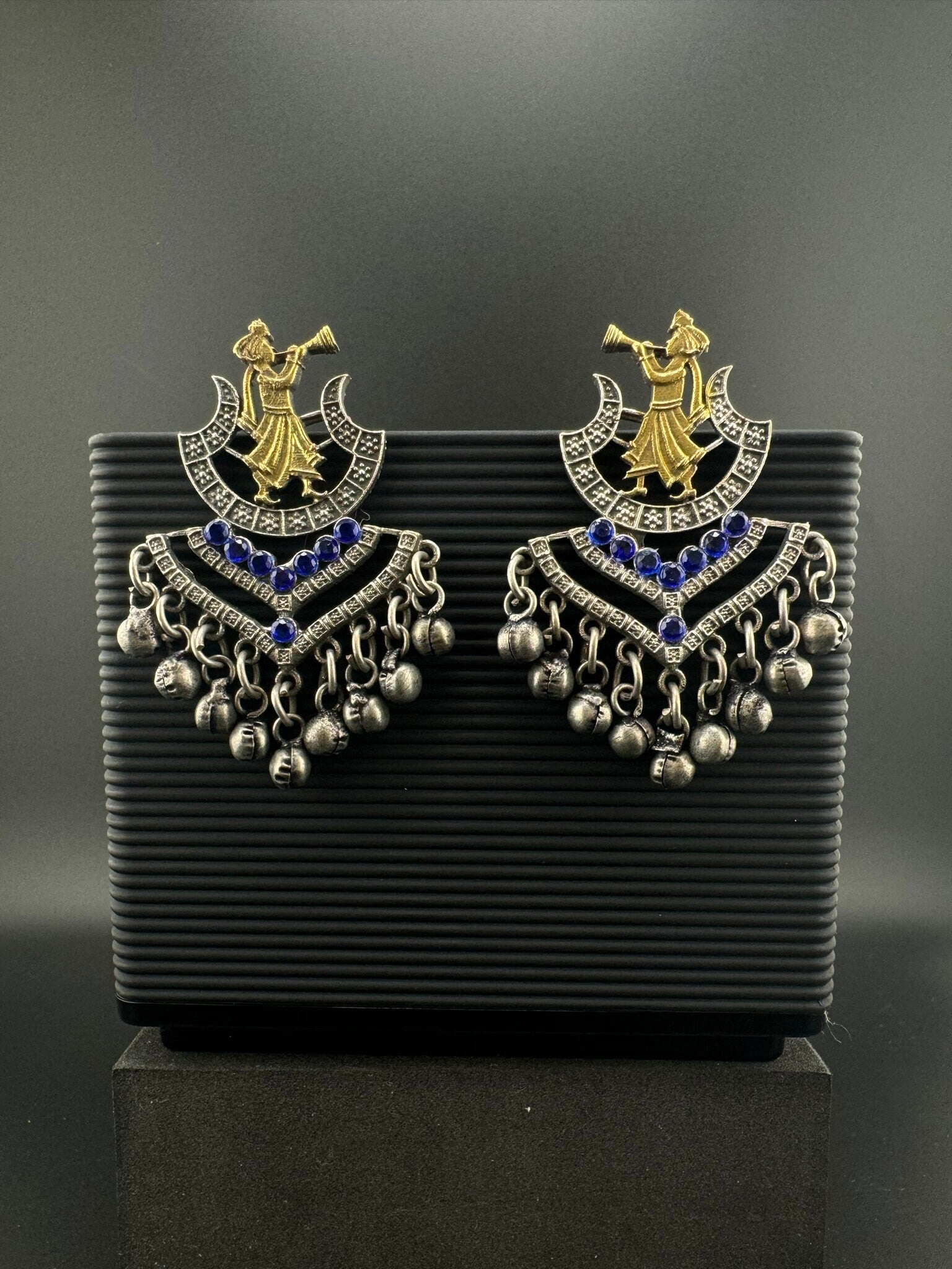 Silver Polish Oxidized German silver Blue Chand Bali with stones, Ghungroo in Baja Barati Design/Boho Earring/Ethnic Earring/Wedding earring