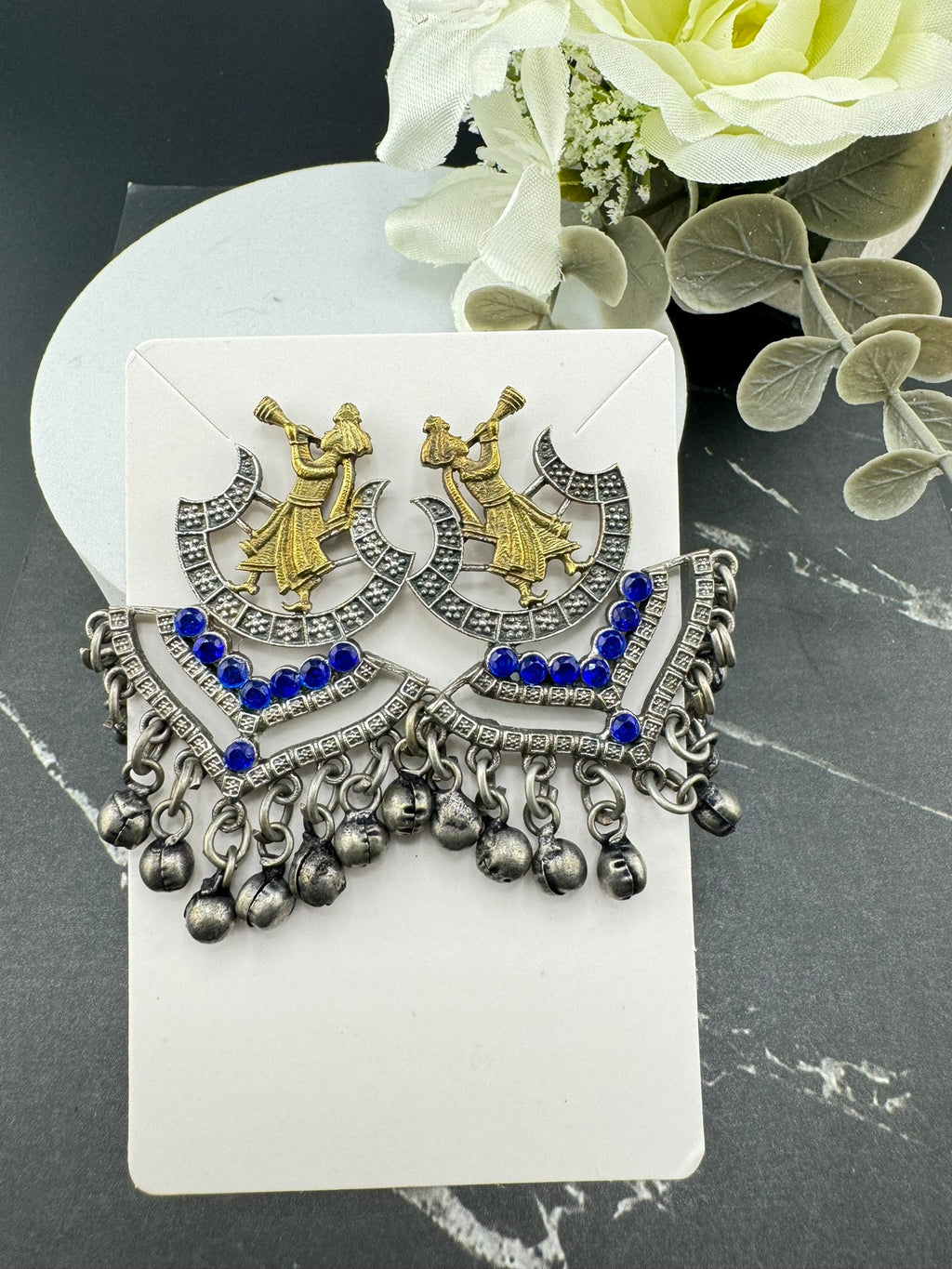 Silver Polish Oxidized German silver Blue Chand Bali with stones, Ghungroo in Baja Barati Design/Boho Earring/Ethnic Earring/Wedding earring