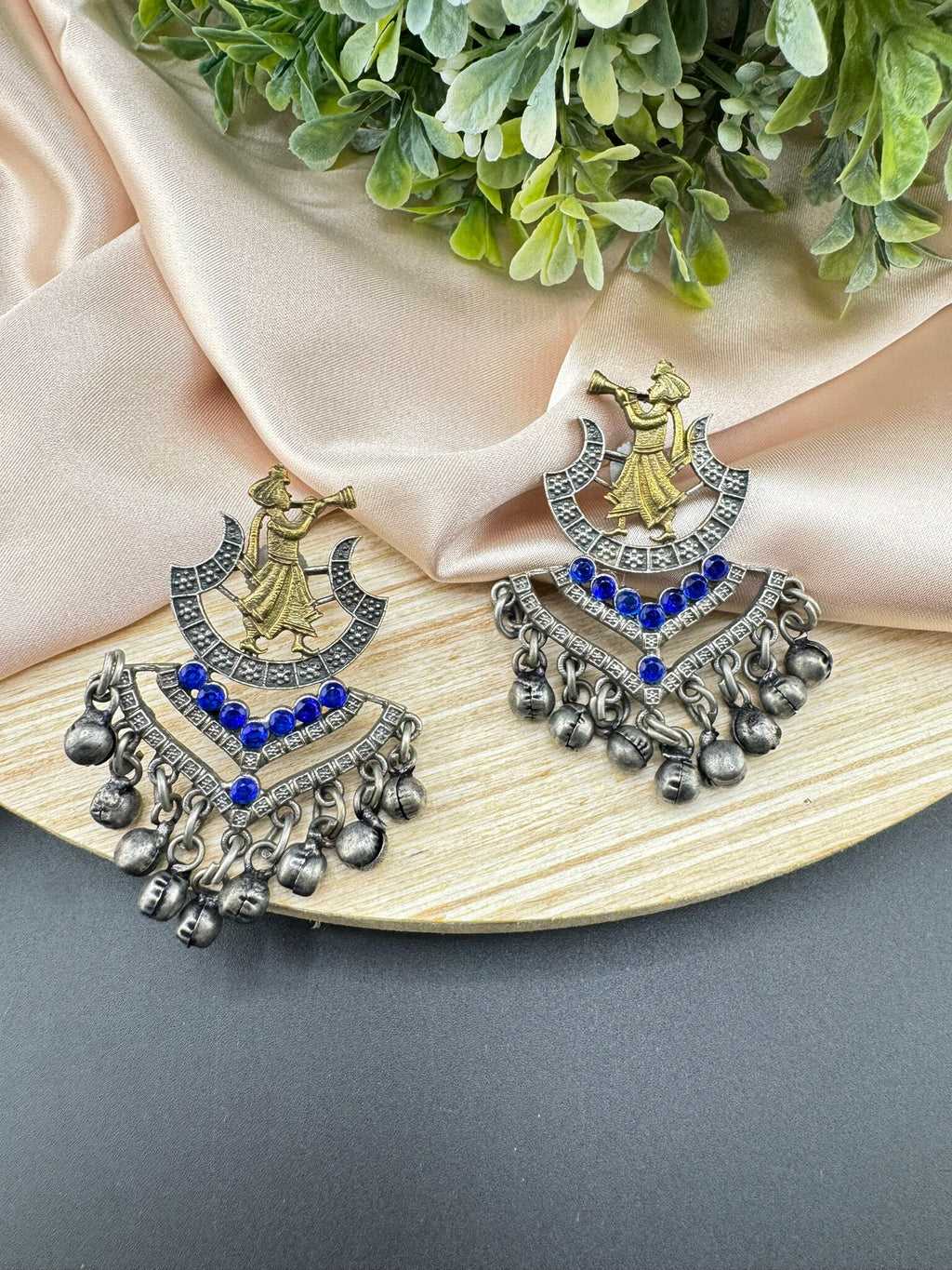 Silver Polish Oxidized German silver Blue Chand Bali with stones, Ghungroo in Baja Barati Design/Boho Earring/Ethnic Earring/Wedding earring