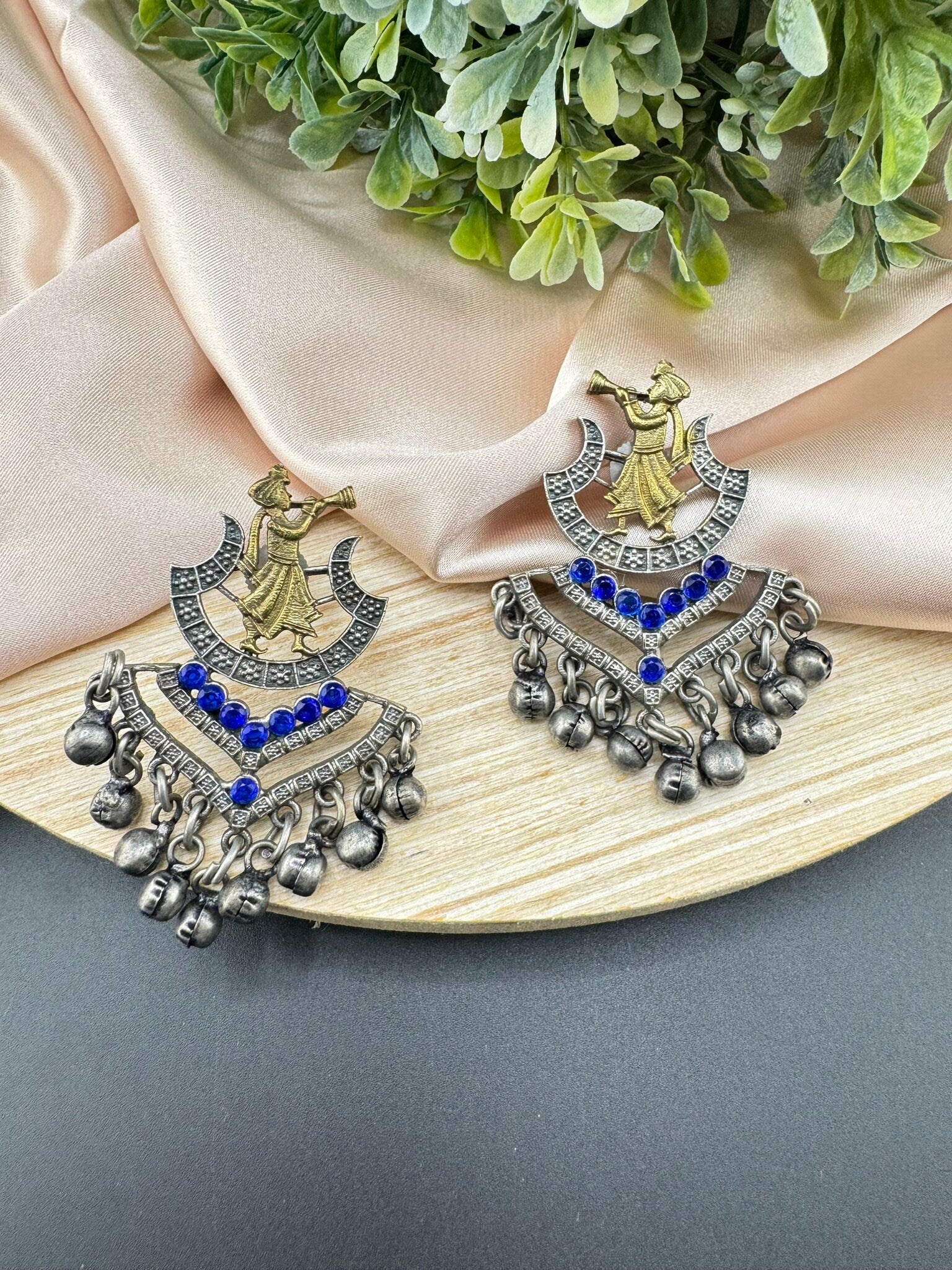 Silver Polish Oxidized German silver Blue Chand Bali with stones, Ghungroo in Baja Barati Design/Boho Earring/Ethnic Earring/Wedding earring