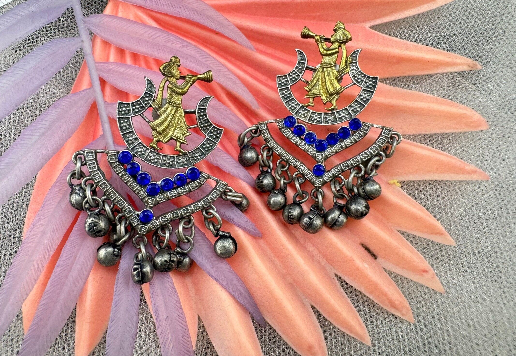 Silver Polish Oxidized German silver Blue Chand Bali with stones, Ghungroo in Baja Barati Design/Boho Earring/Ethnic Earring/Wedding earring