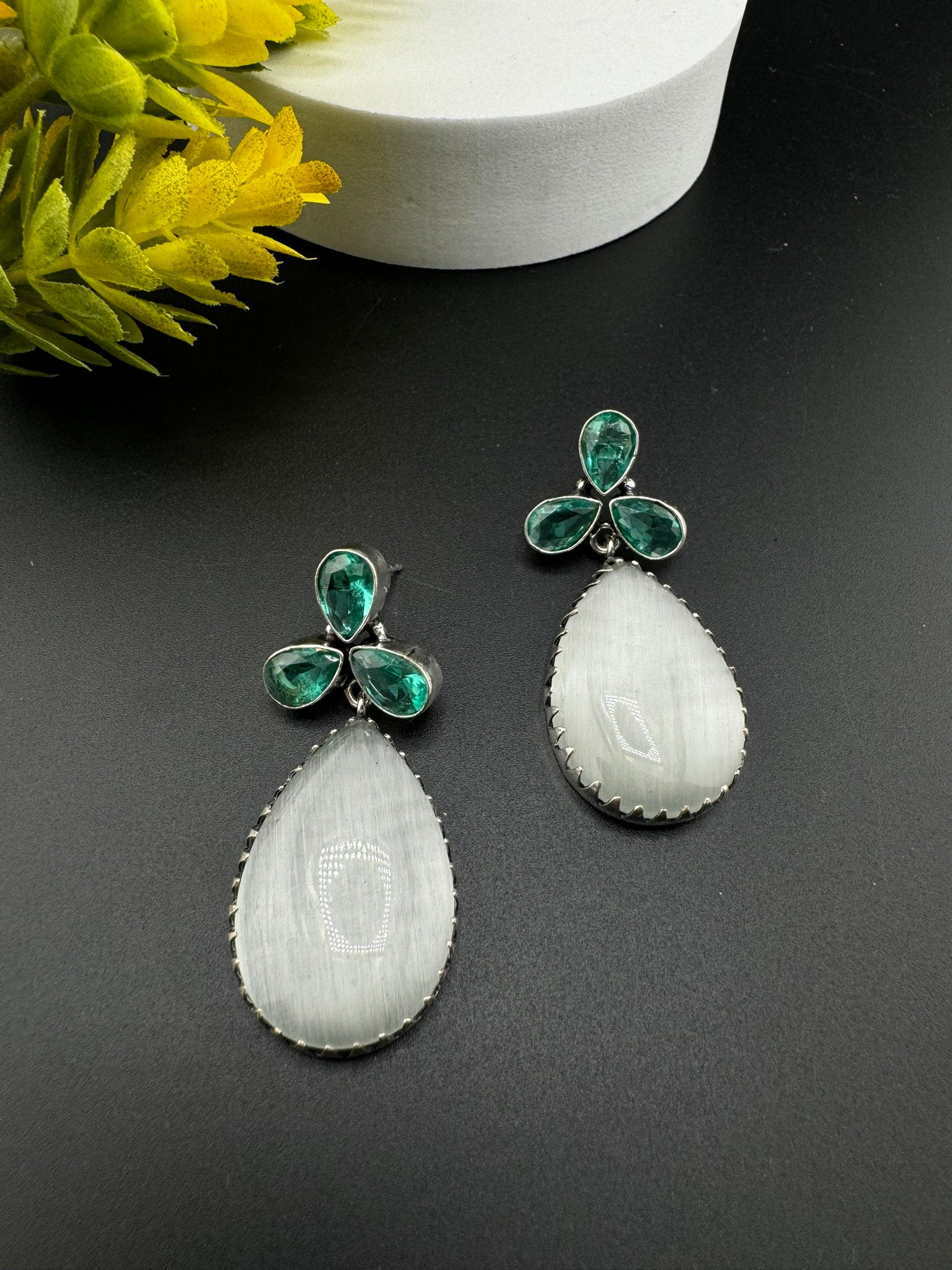 Silver Polish Oxidized German silver Teardrop earrings with White and blue stones/everyday statement earrings/Boho Earring/Ethnic Earring/