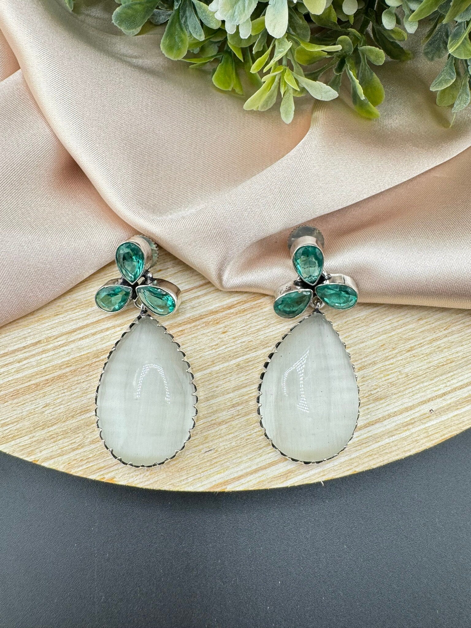 Silver Polish Oxidized German silver Teardrop earrings with White and blue stones/everyday statement earrings/Boho Earring/Ethnic Earring/