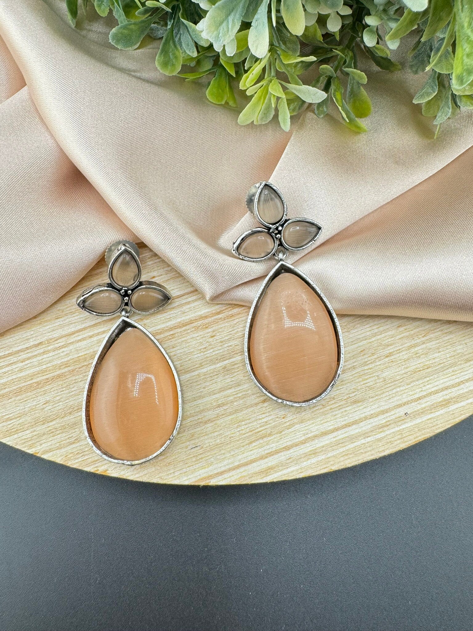 Oxidized German silver Teardrop earrings with Peach or Pink stones/everyday statement earrings/Boho Earring/Ethnic Earring/Elegant teardrop