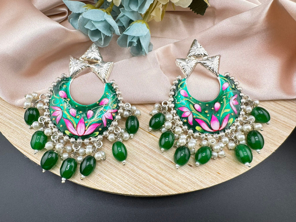 Silver Polish Premium Oxidized German silver Chand Bali Emerald Green Minakari pearls/Boho Earring/Ethnic Earring/exceptional Shine