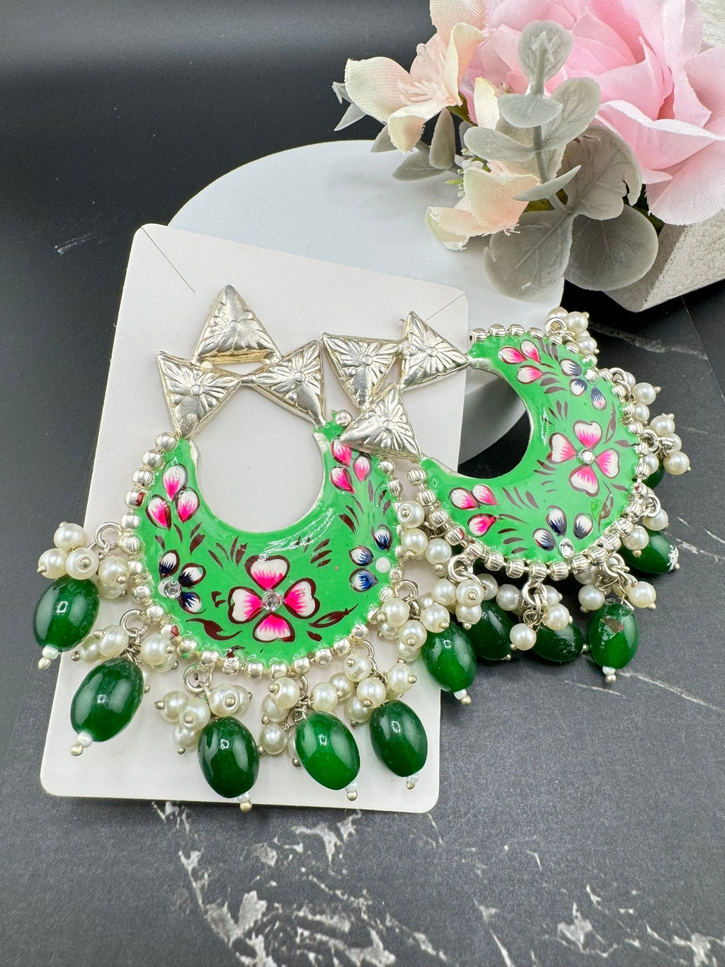 Silver Polish Premium Oxidized German silver Chand Bali Light Green Minakari pearls/Boho Earring/Ethnic Earring/has exceptional Shine