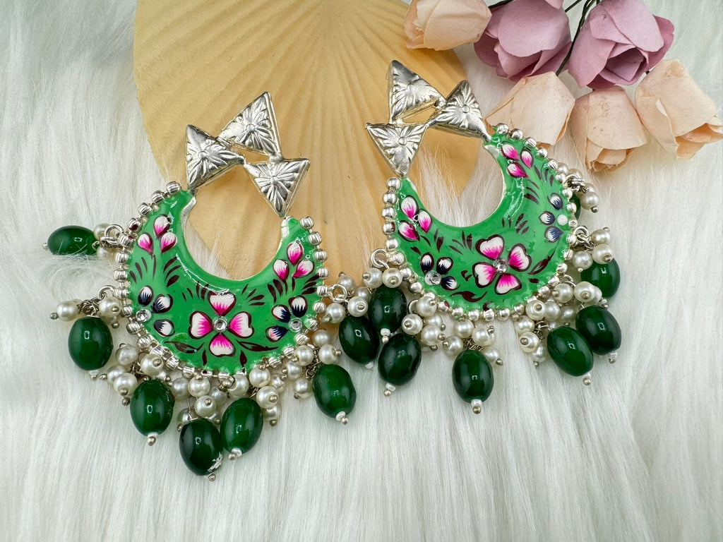 Silver Polish Premium Oxidized German silver Chand Bali Light Green Minakari pearls/Boho Earring/Ethnic Earring/has exceptional Shine
