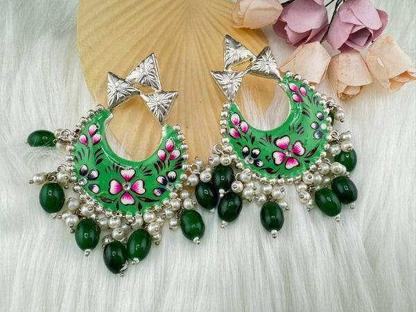Silver Polish Premium Oxidized German silver Chand Bali Light Green Minakari pearls/Boho Earring/Ethnic Earring/has exceptional Shine