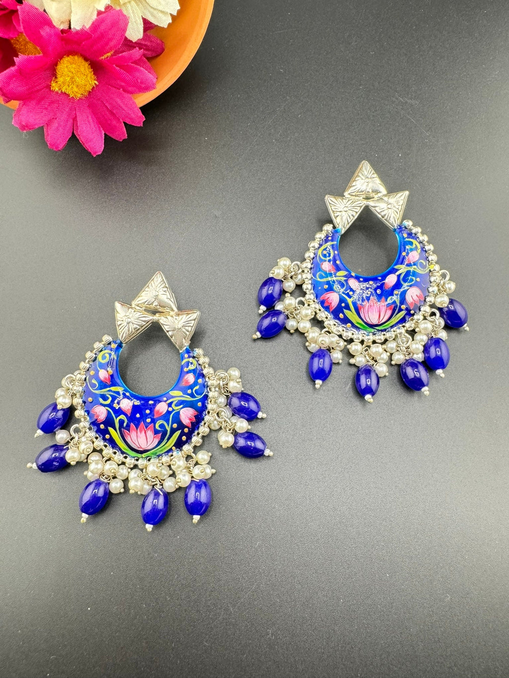 Silver Polish Premium Oxidized German silver Chand Bali Royal Blue Minakari pearls/Boho Earring/Ethnic Earring/has exceptional Shine