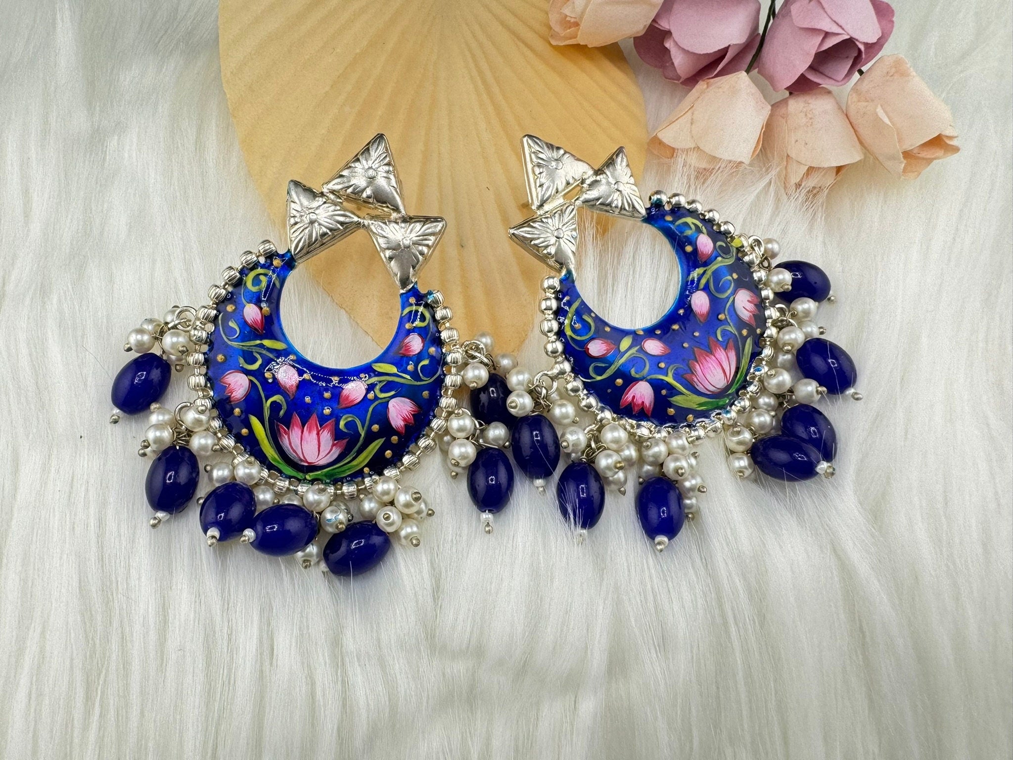 Silver Polish Premium Oxidized German silver Chand Bali Royal Blue Minakari pearls/Boho Earring/Ethnic Earring/has exceptional Shine