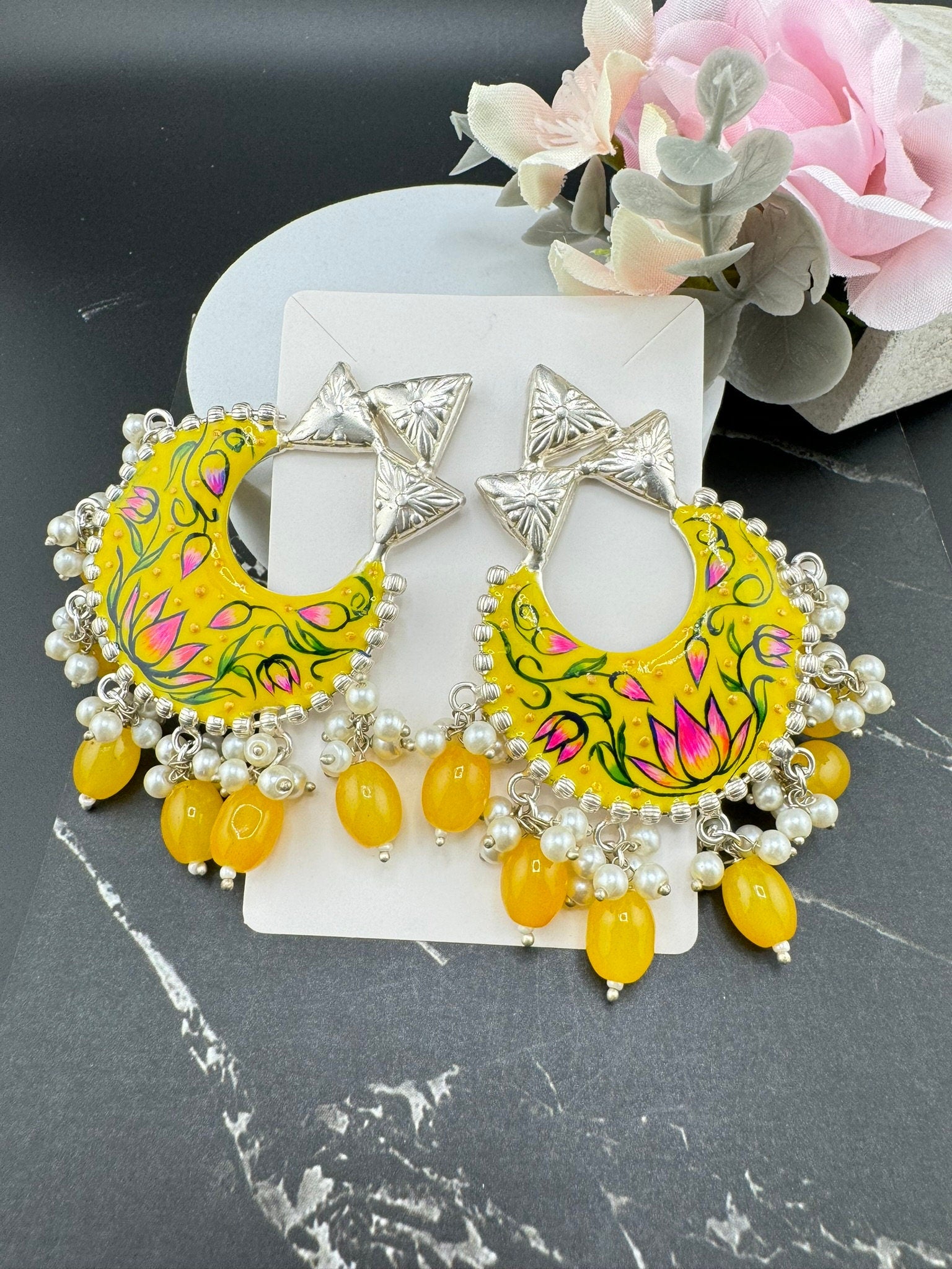 Silver Polish Premium Oxidized German silver Chand Bali Yellow Minakari pearls/Boho Earring/Ethnic Earring/has exceptional Shine