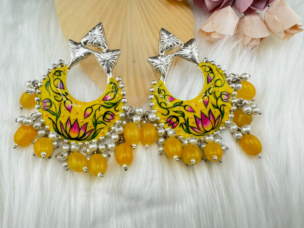 Silver Polish Premium Oxidized German silver Chand Bali Yellow Minakari pearls/Boho Earring/Ethnic Earring/has exceptional Shine