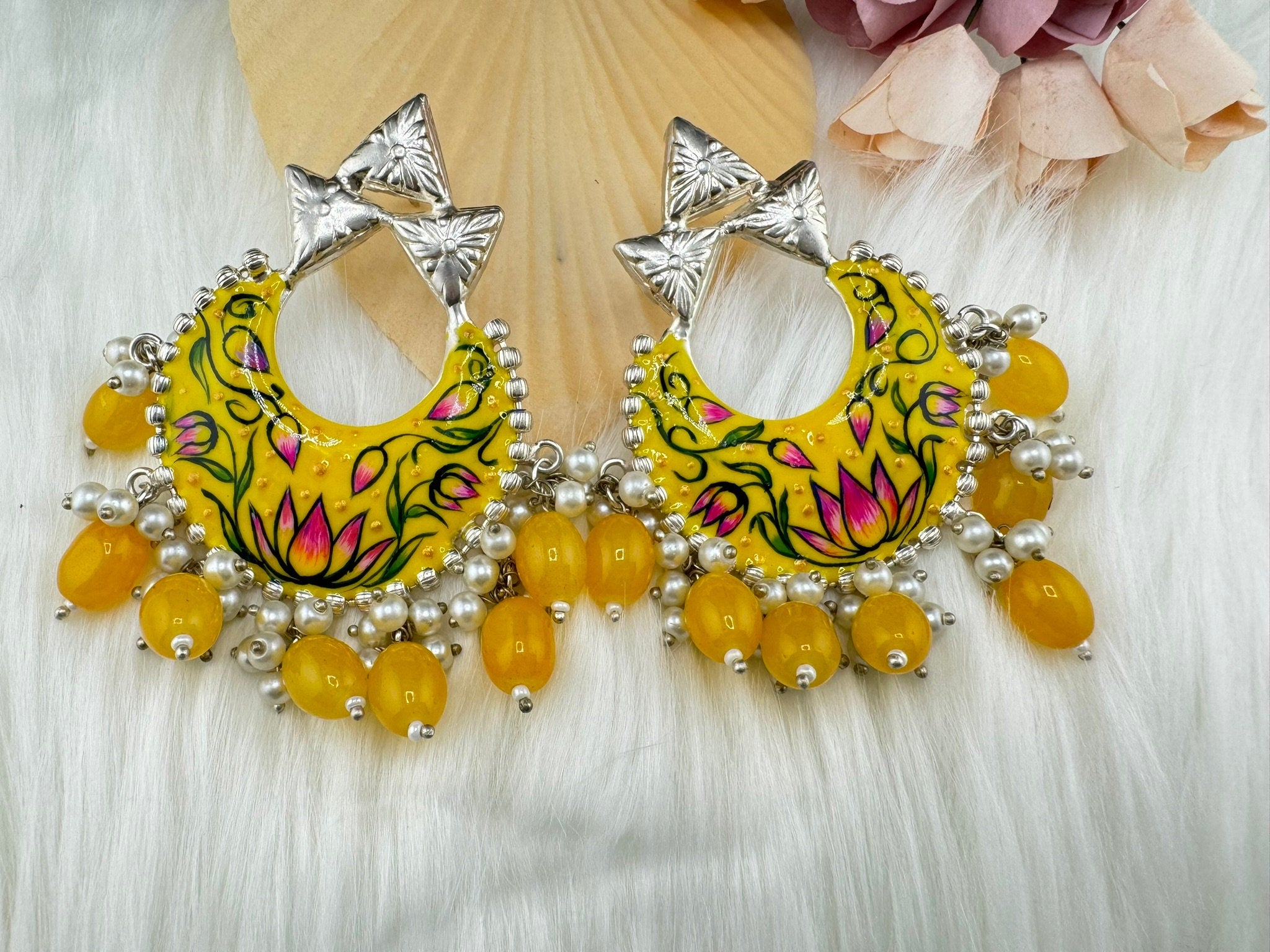 Silver Polish Premium Oxidized German silver Chand Bali Yellow Minakari pearls/Boho Earring/Ethnic Earring/has exceptional Shine