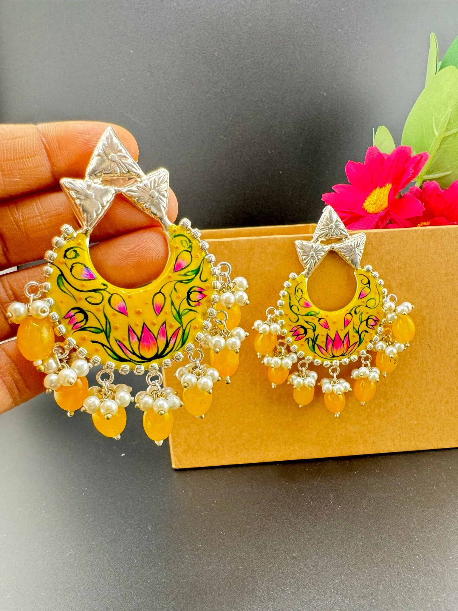 Silver Polish Premium Oxidized German silver Chand Bali Yellow Minakari pearls/Boho Earring/Ethnic Earring/has exceptional Shine