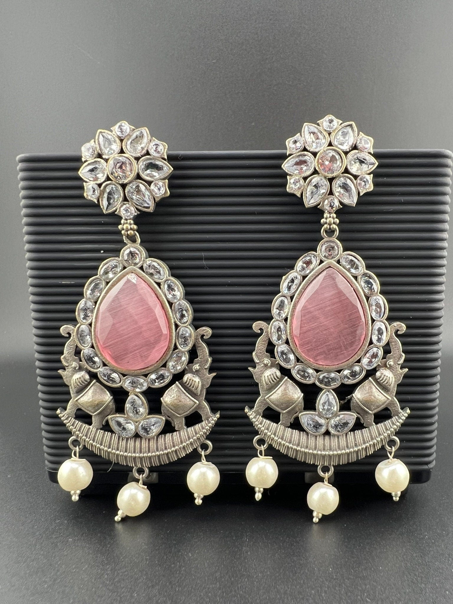 Pink oxidized silver earring with CZ, stone and pearl/Oxidized silver earring/Statement Earrings/Boho Earring/CZ jewelry/Ethnic Earring