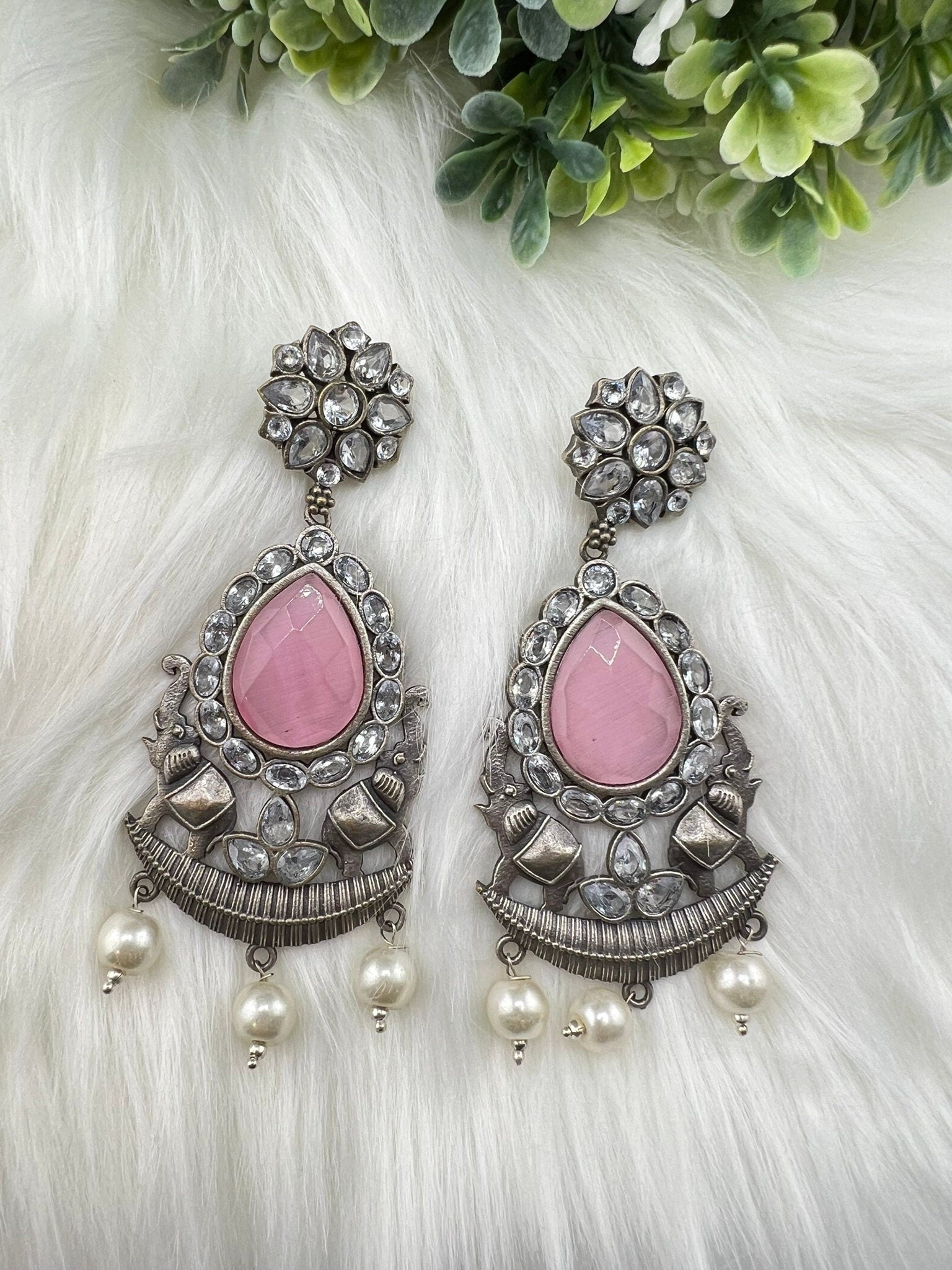 Pink oxidized silver earring with CZ, stone and pearl/Oxidized silver earring/Statement Earrings/Boho Earring/CZ jewelry/Ethnic Earring