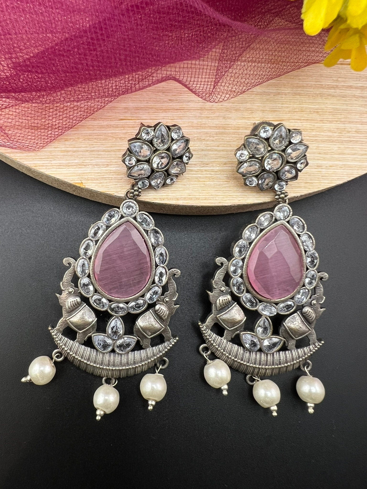 Pink oxidized silver earring with CZ, stone and pearl/Oxidized silver earring/Statement Earrings/Boho Earring/CZ jewelry/Ethnic Earring