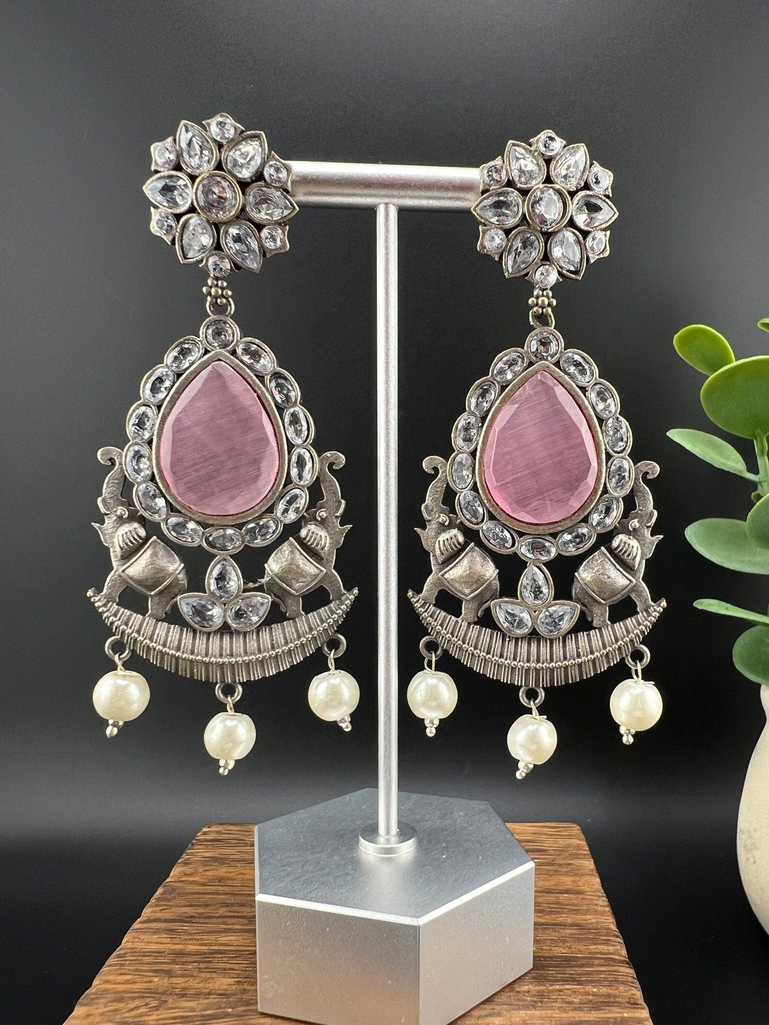 Pink oxidized silver earring with CZ, stone and pearl/Oxidized silver earring/Statement Earrings/Boho Earring/CZ jewelry/Ethnic Earring