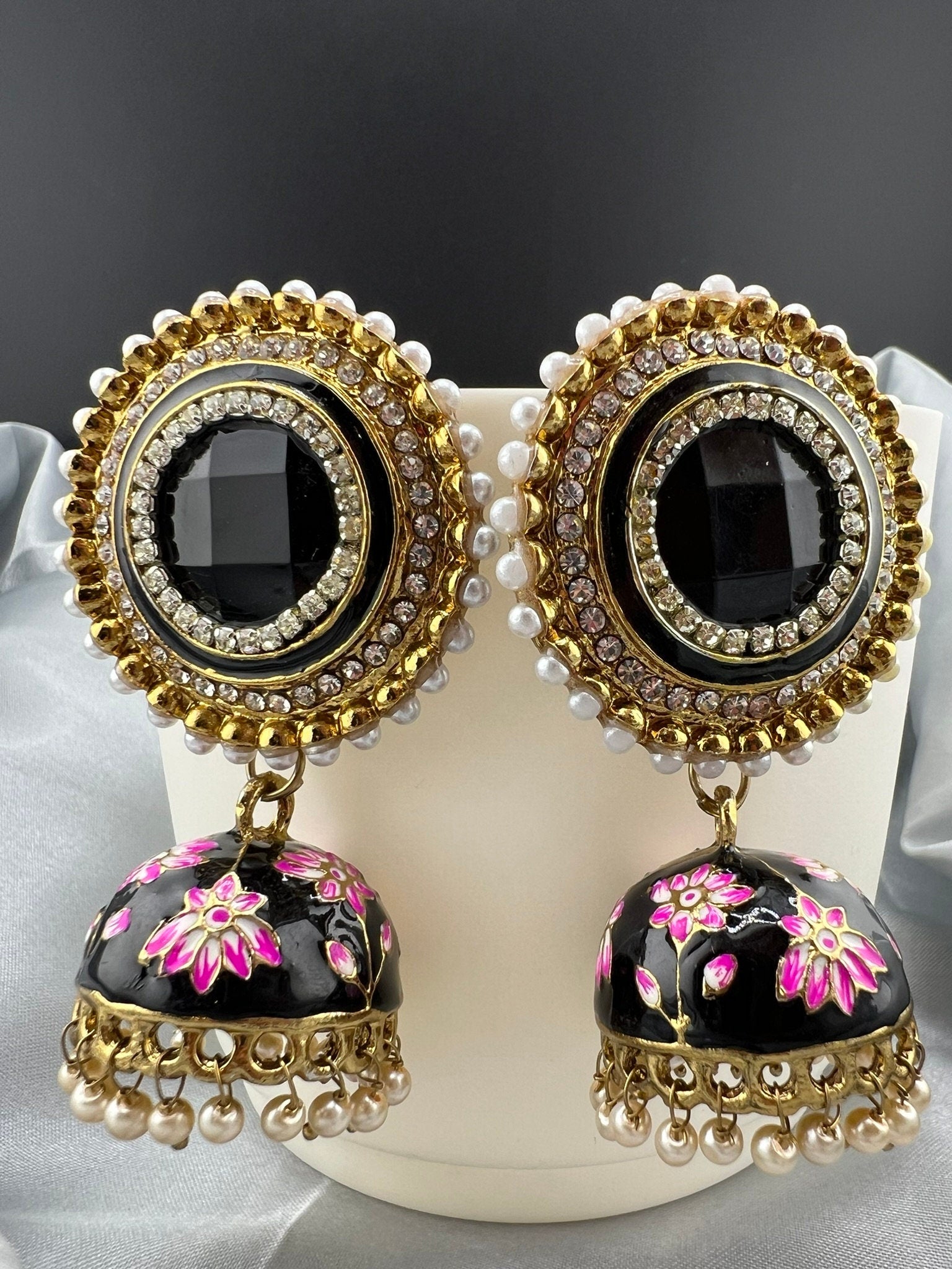 Premium Oversized Stud Jhumka/Black and Gold with CZ, pearls, Minakari jhumka details/Indian Earrings/Indian Jhumka/Bridal Earring/Heavy