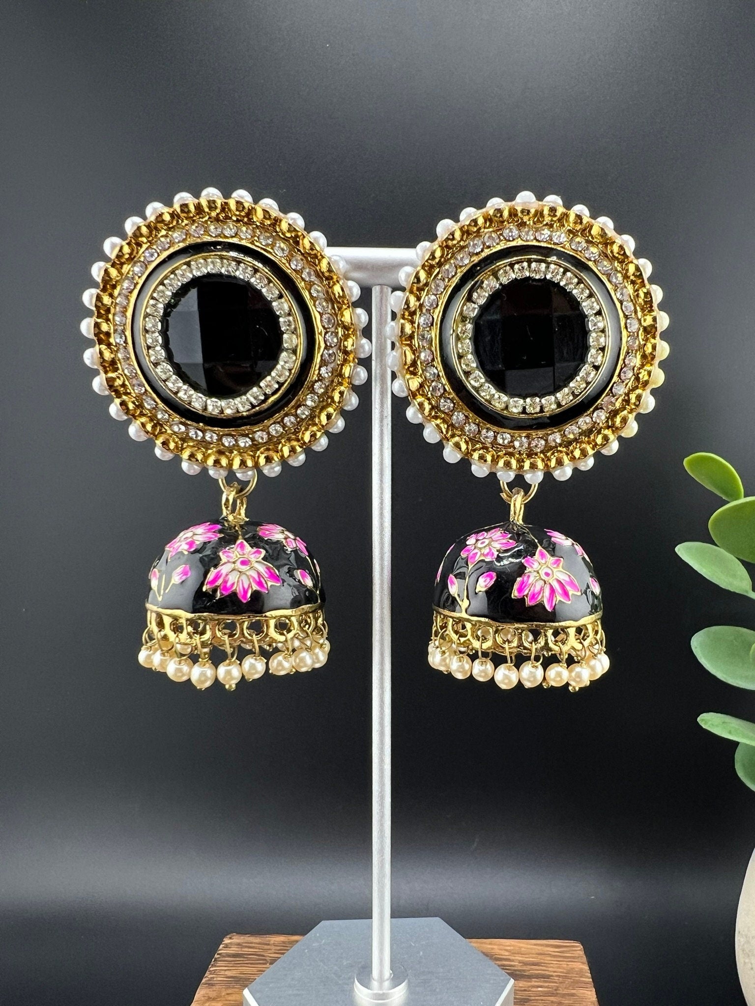 Premium Oversized Stud Jhumka/Black and Gold with CZ, pearls, Minakari jhumka details/Indian Earrings/Indian Jhumka/Bridal Earring/Heavy