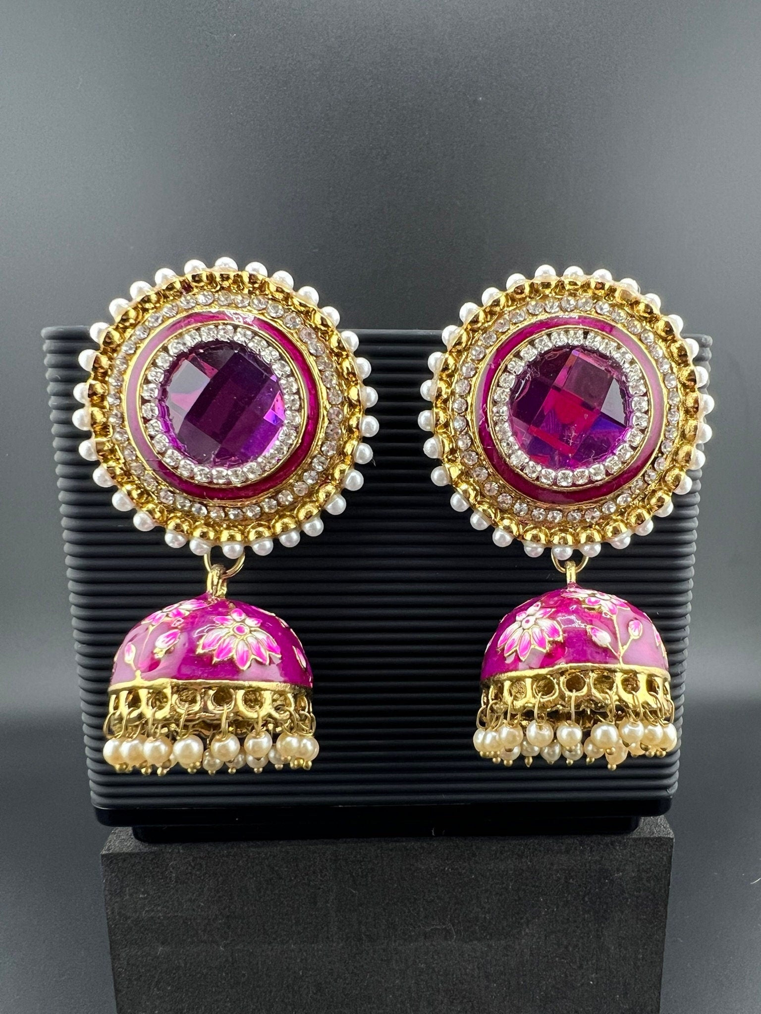 Premium Oversized Stud Jhumka/Purple and Gold with CZ, pearls, Minakari jhumka details/Indian Earrings/Indian Jhumka/Bridal Earring/Heavy