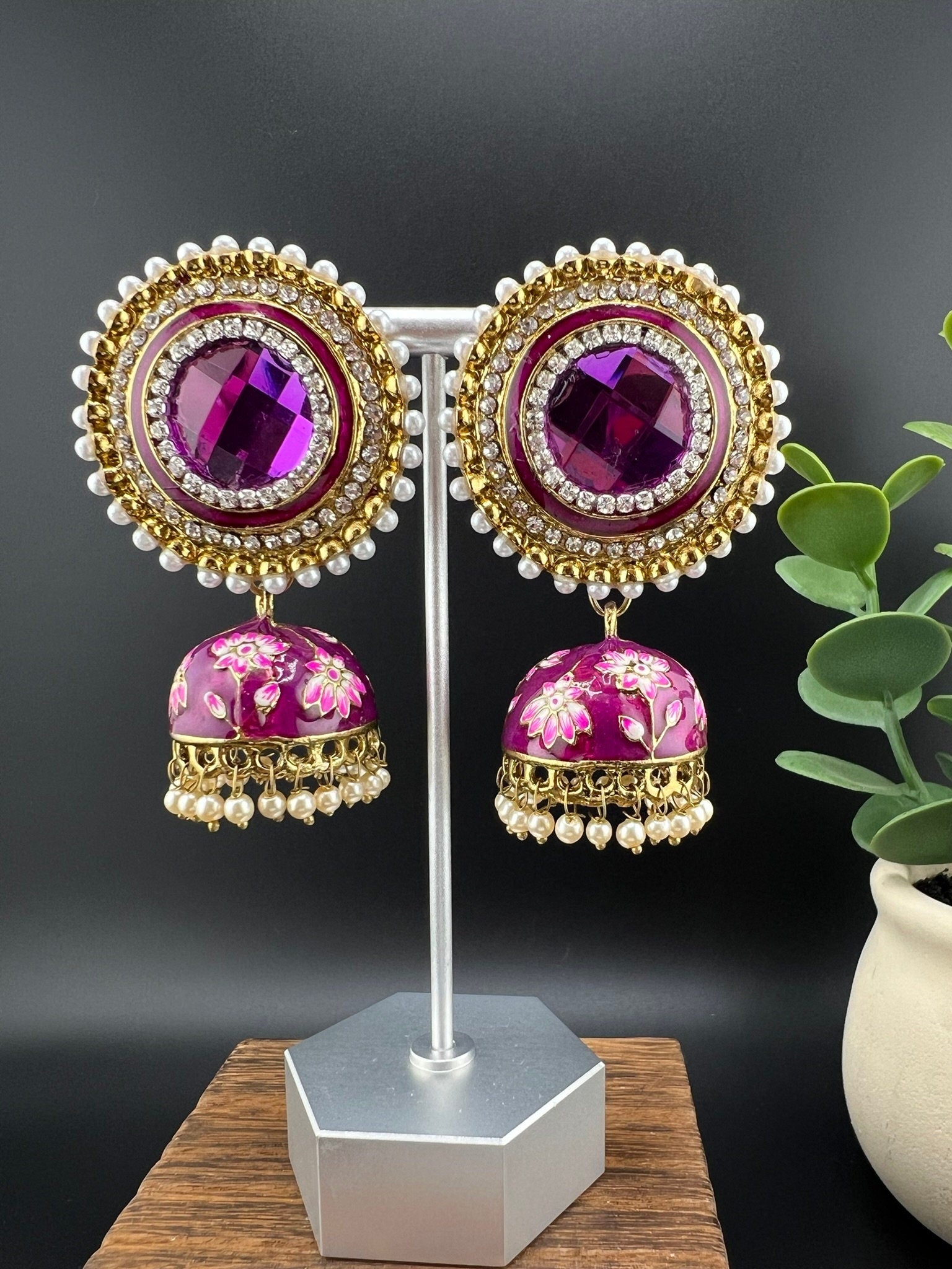 Premium Oversized Stud Jhumka/Purple and Gold with CZ, pearls, Minakari jhumka details/Indian Earrings/Indian Jhumka/Bridal Earring/Heavy