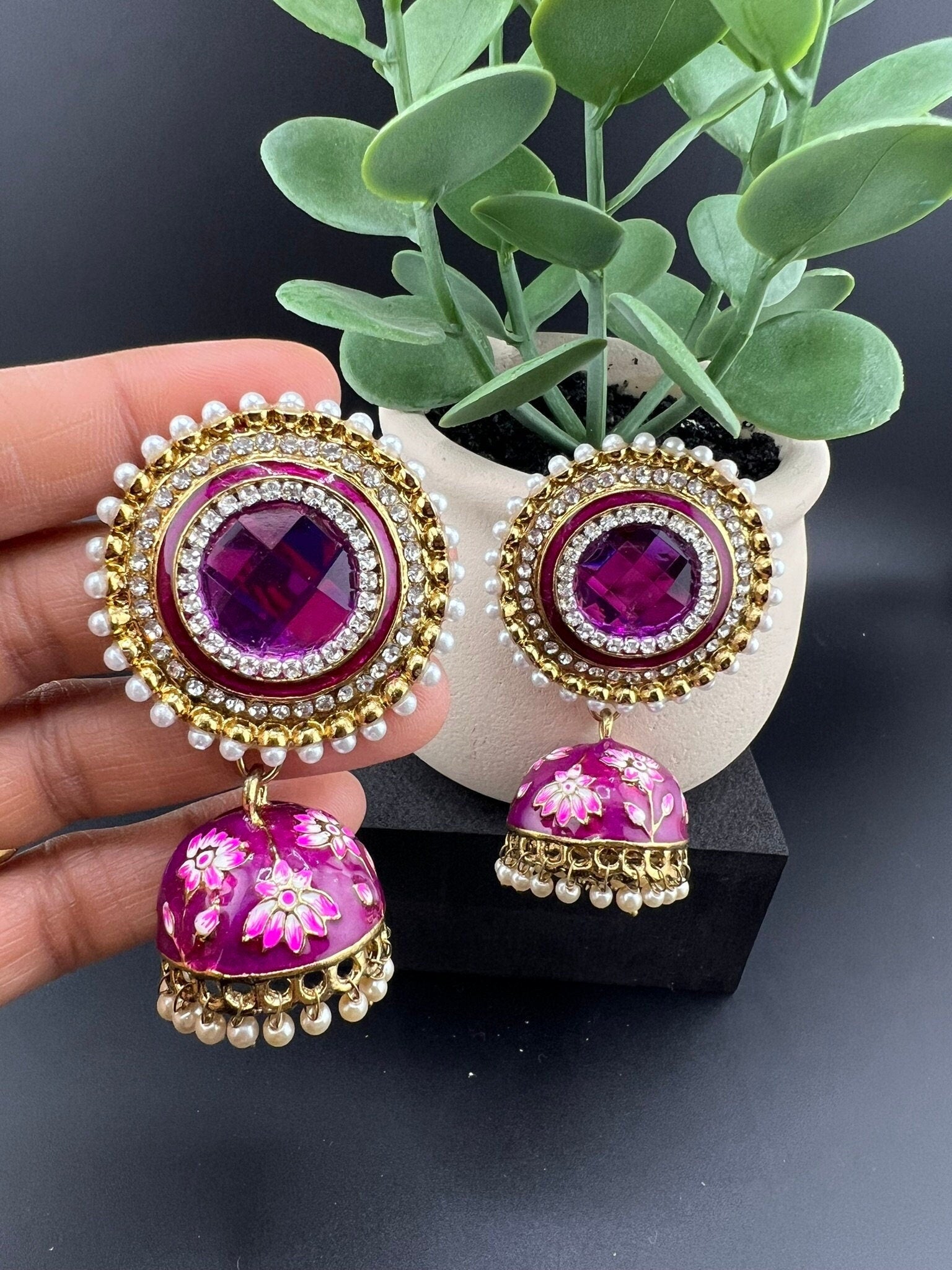 Premium Oversized Stud Jhumka/Purple and Gold with CZ, pearls, Minakari jhumka details/Indian Earrings/Indian Jhumka/Bridal Earring/Heavy