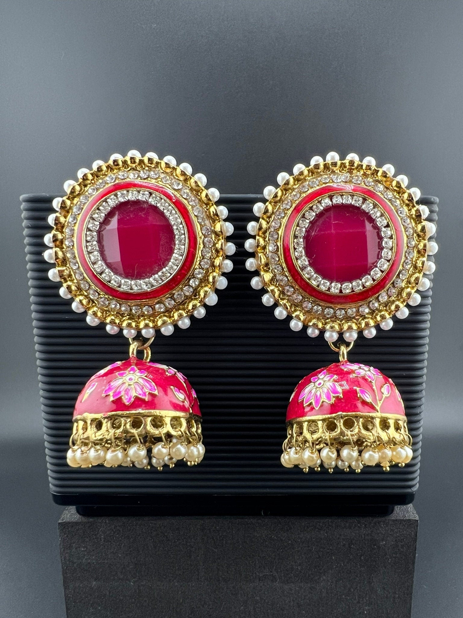 Premium Oversized Stud Jhumka/Magenta and Gold with CZ, pearls, Minakari jhumka details/Indian Earrings/Indian Jhumka/Bridal Earring/Heavy