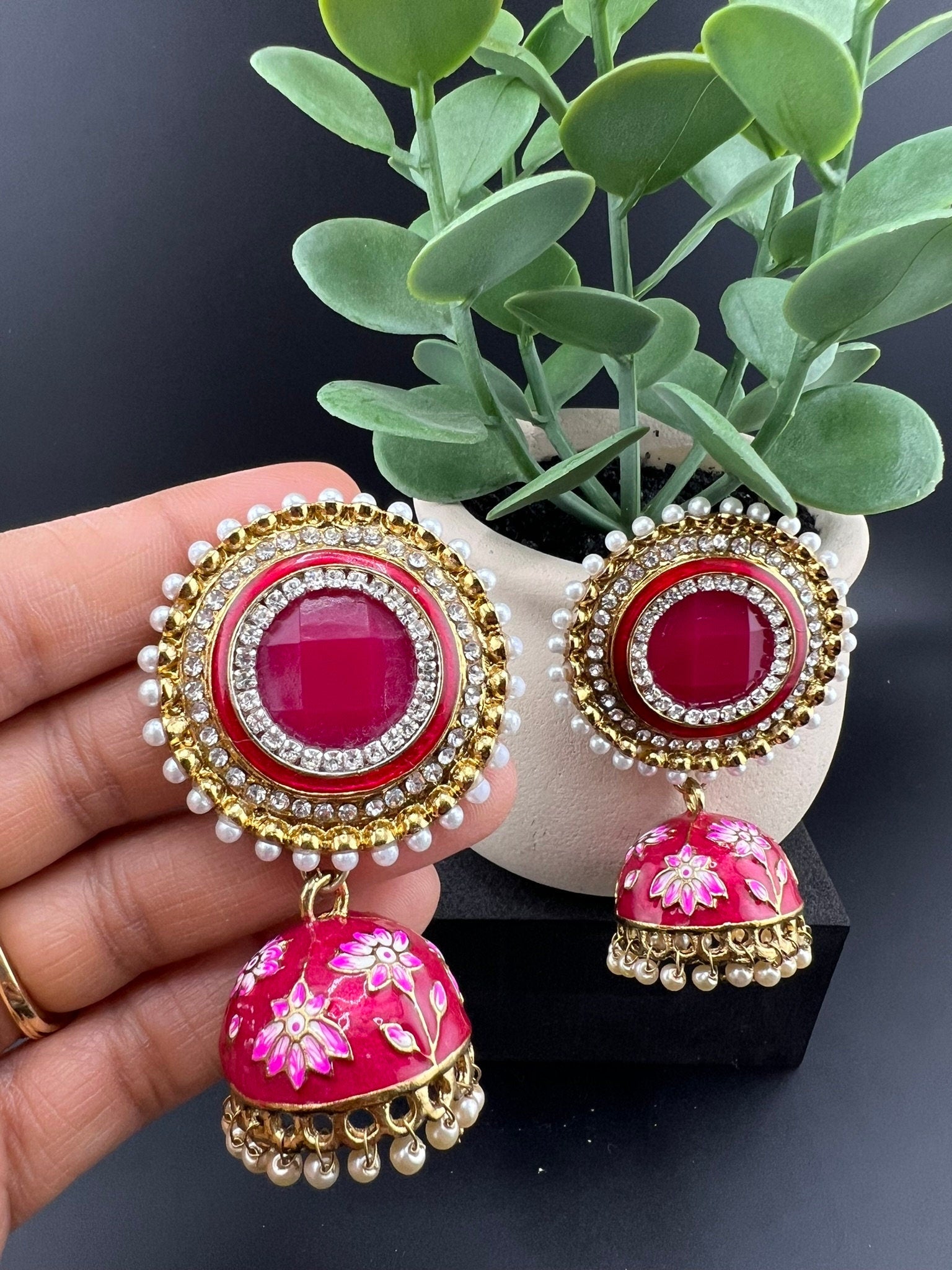 Premium Oversized Stud Jhumka/Magenta and Gold with CZ, pearls, Minakari jhumka details/Indian Earrings/Indian Jhumka/Bridal Earring/Heavy