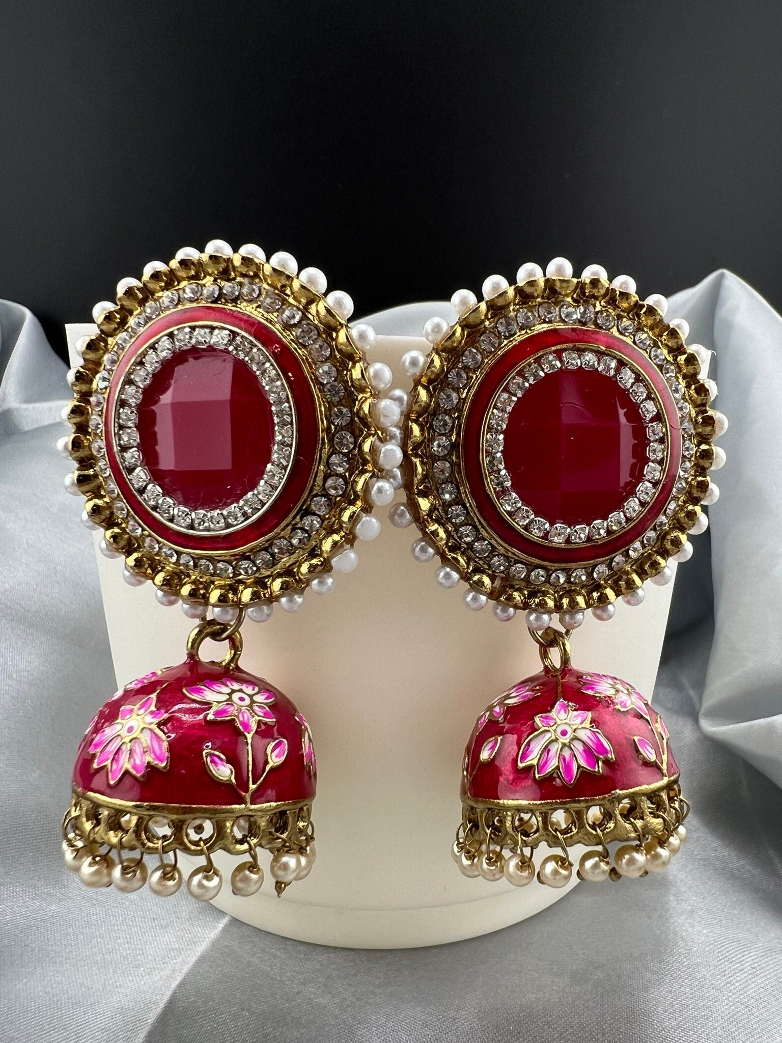 Premium Oversized Stud Jhumka/Magenta and Gold with CZ, pearls, Minakari jhumka details/Indian Earrings/Indian Jhumka/Bridal Earring/Heavy