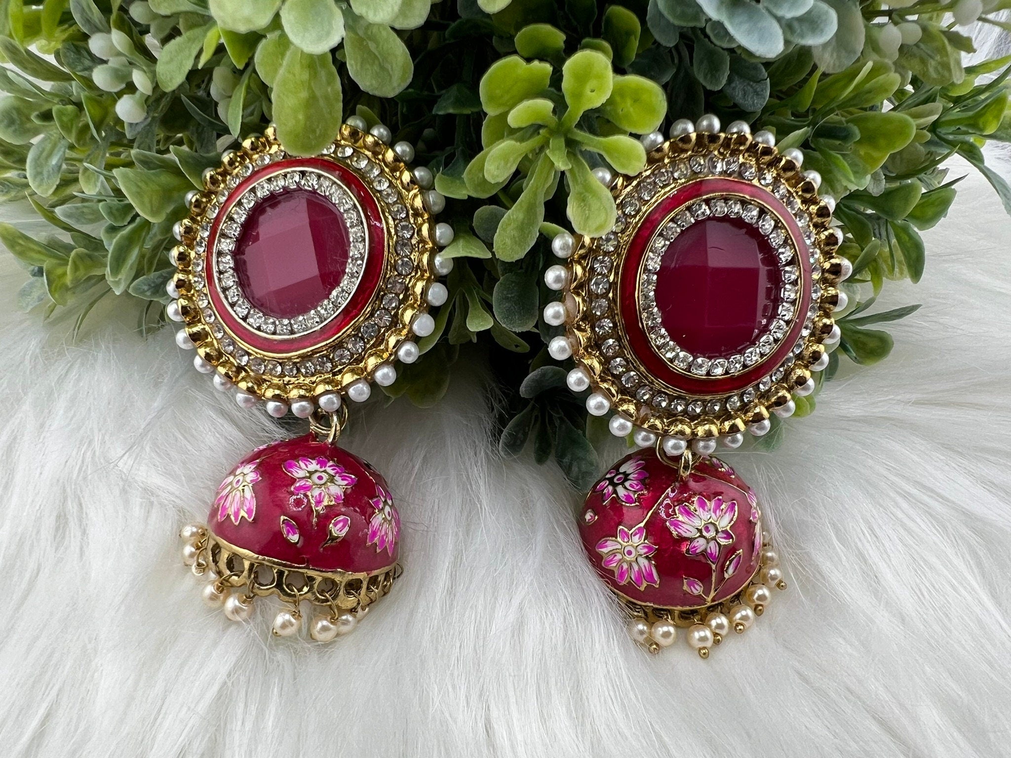 Premium Oversized Stud Jhumka/Magenta and Gold with CZ, pearls, Minakari jhumka details/Indian Earrings/Indian Jhumka/Bridal Earring/Heavy