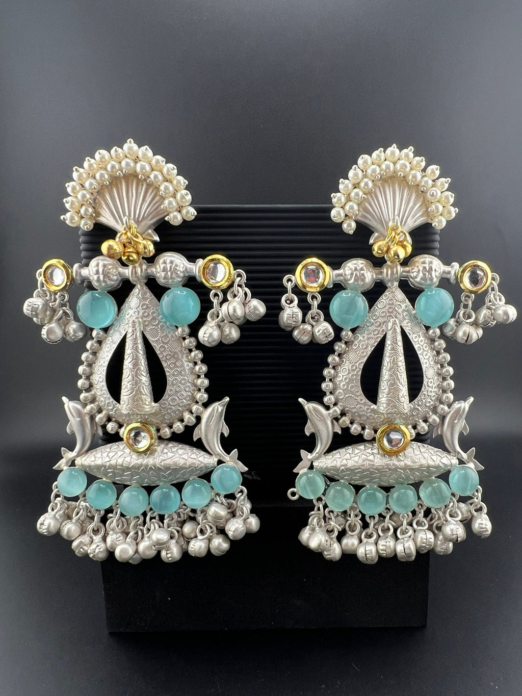 Silver Polish Premium Oversized Oxidized long Gold Chand Bali with Ghunghroo stones pearl/Dolphin Earring/Boho Earring/Ethnic Earring