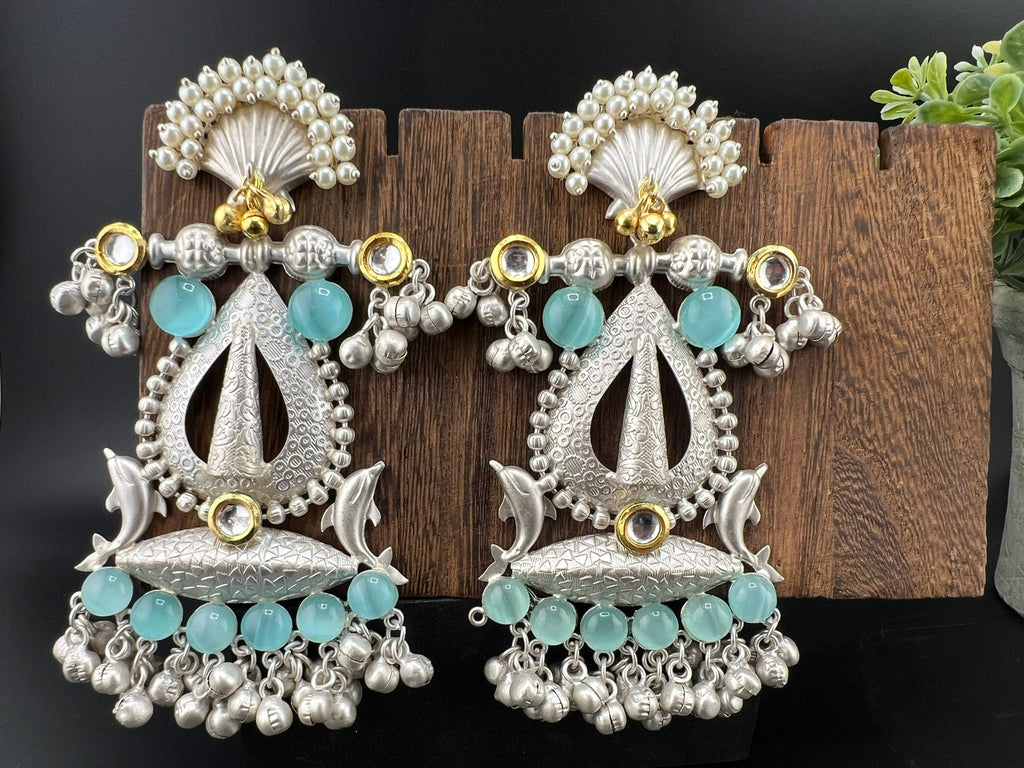 Silver Polish Premium Oversized Oxidized long Gold Chand Bali with Ghunghroo stones pearl/Dolphin Earring/Boho Earring/Ethnic Earring