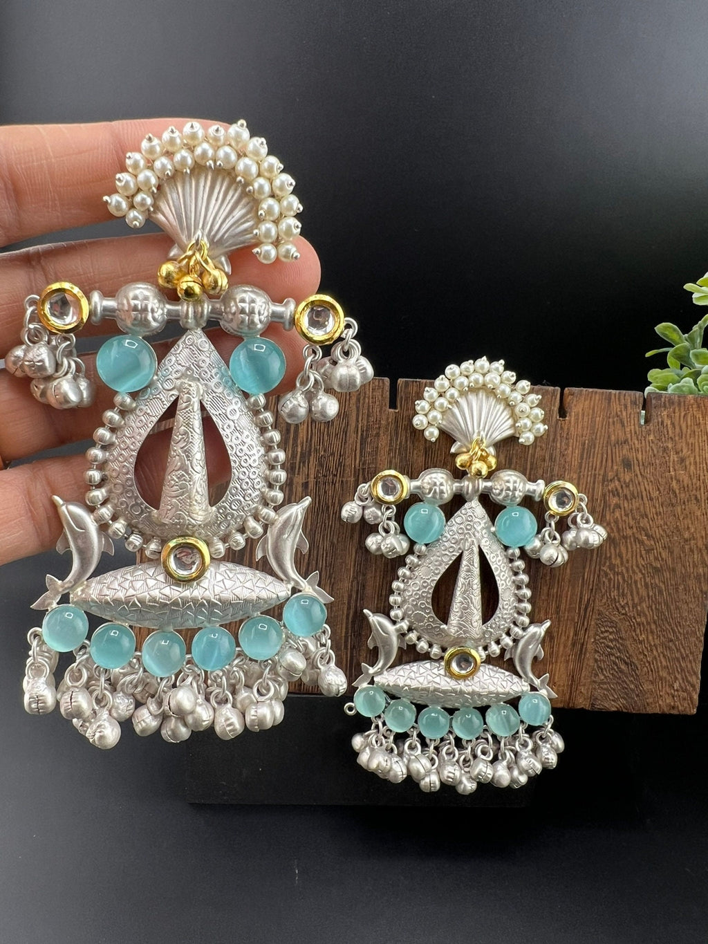 Silver Polish Premium Oversized Oxidized long Gold Chand Bali with Ghunghroo stones pearl/Dolphin Earring/Boho Earring/Ethnic Earring