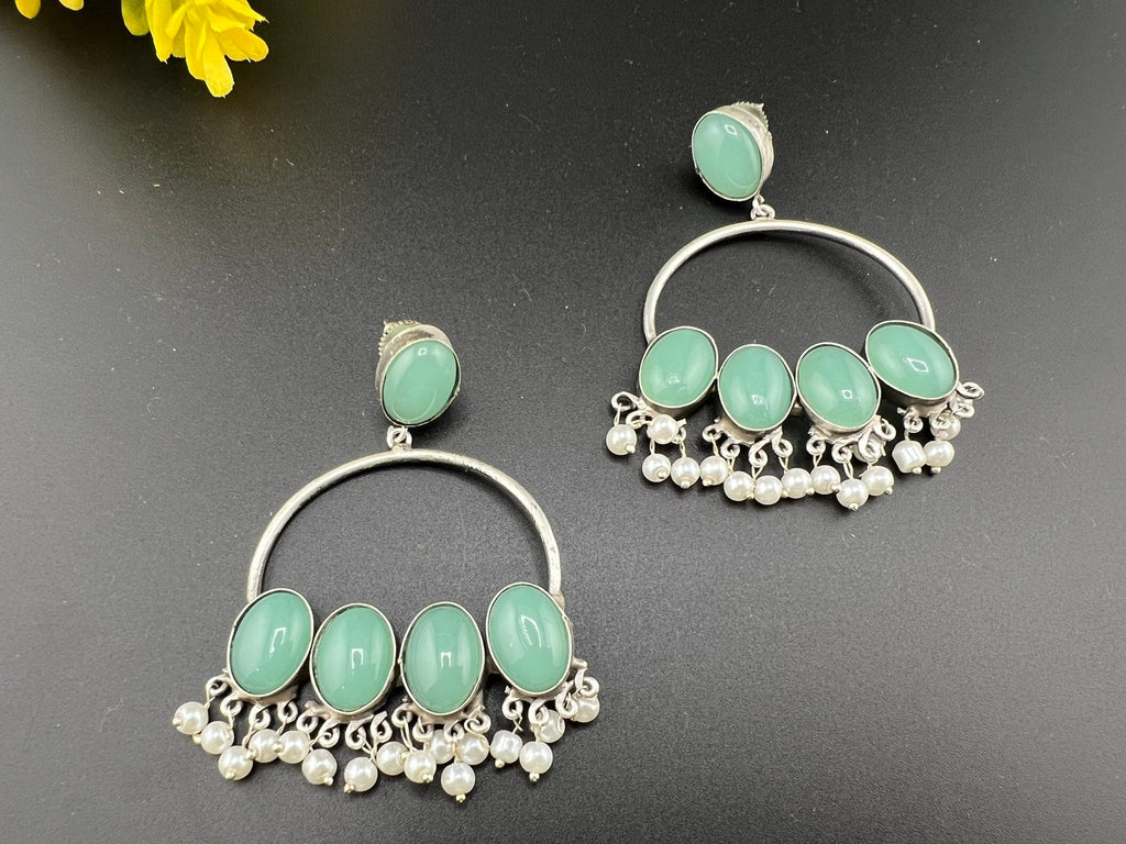 Teal/Blue oxidized silver Monalisa stone Chandbali earring with pearls/Oxidized silver earring/Statement Earring/Boho Earring/Ethnic Earring