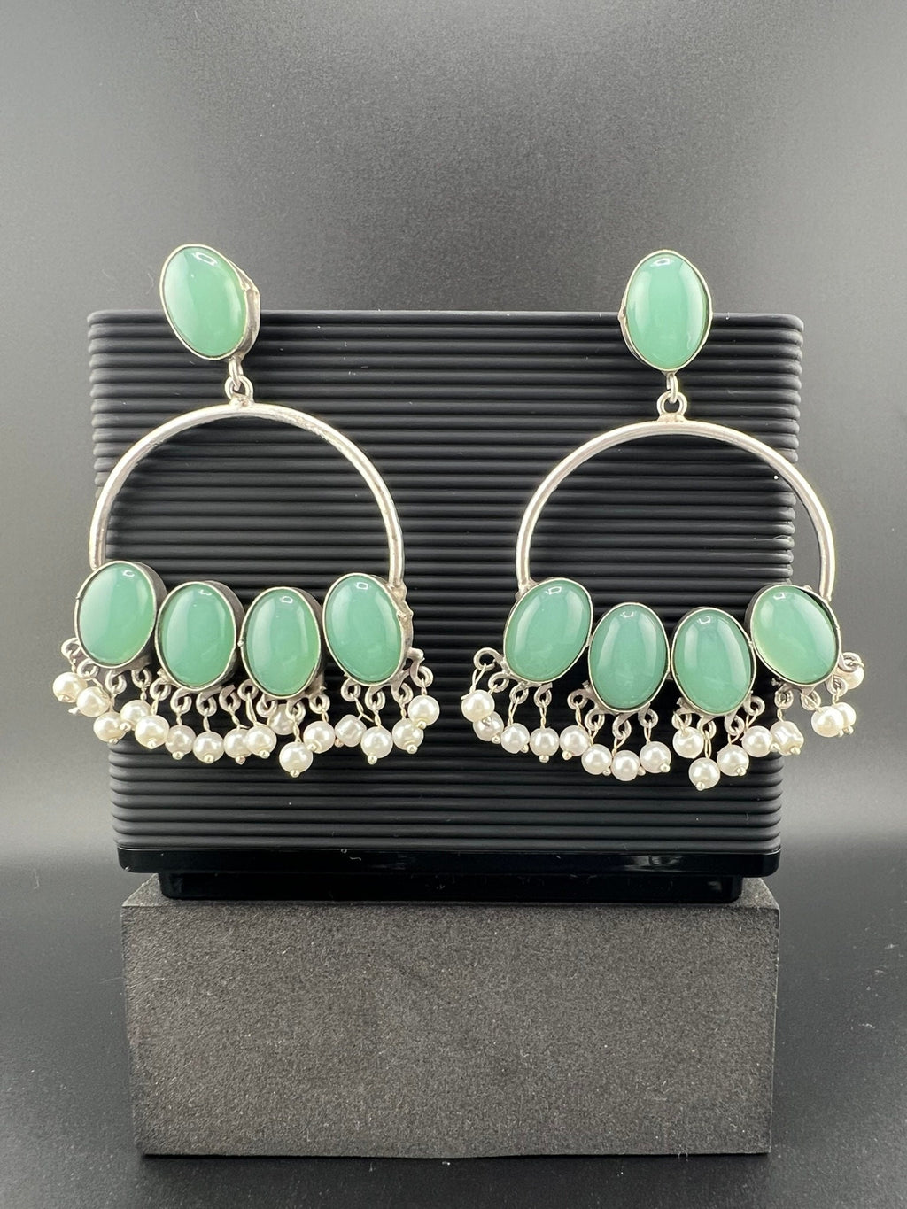 Teal/Blue oxidized silver Monalisa stone Chandbali earring with pearls/Oxidized silver earring/Statement Earring/Boho Earring/Ethnic Earring