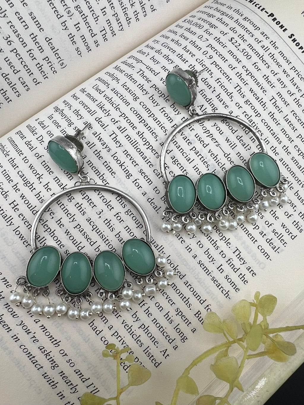 Teal/Blue oxidized silver Monalisa stone Chandbali earring with pearls/Oxidized silver earring/Statement Earring/Boho Earring/Ethnic Earring
