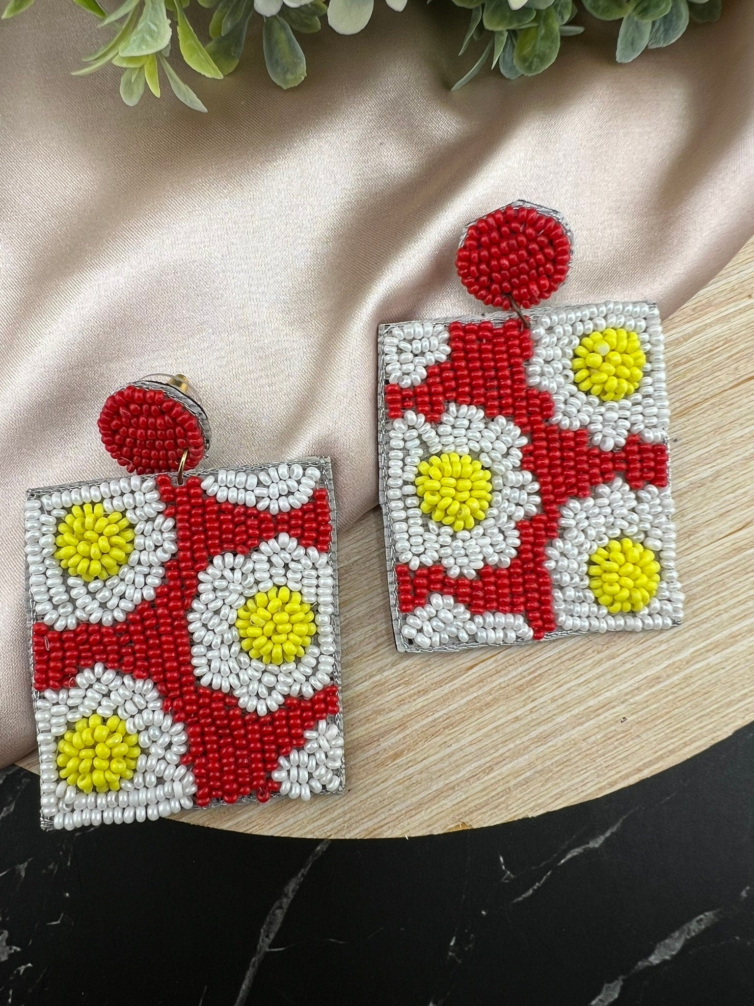 Beaded Red White Rectangle quirky earring/Handmade earring/Statement Earring/Boho Earring/Beaded earring/Ethnic Earring/Wedding earrings