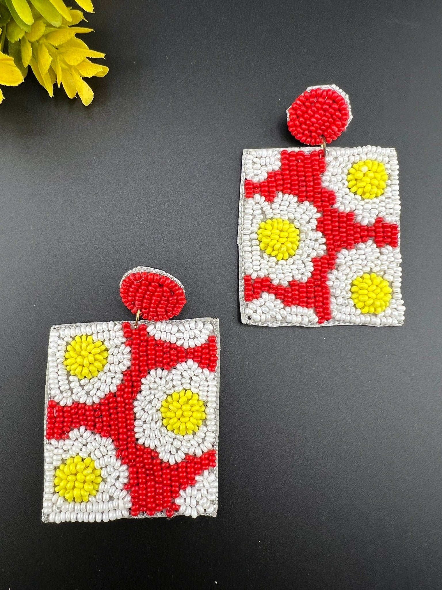 Beaded Red White Rectangle quirky earring/Handmade earring/Statement Earring/Boho Earring/Beaded earring/Ethnic Earring/Wedding earrings