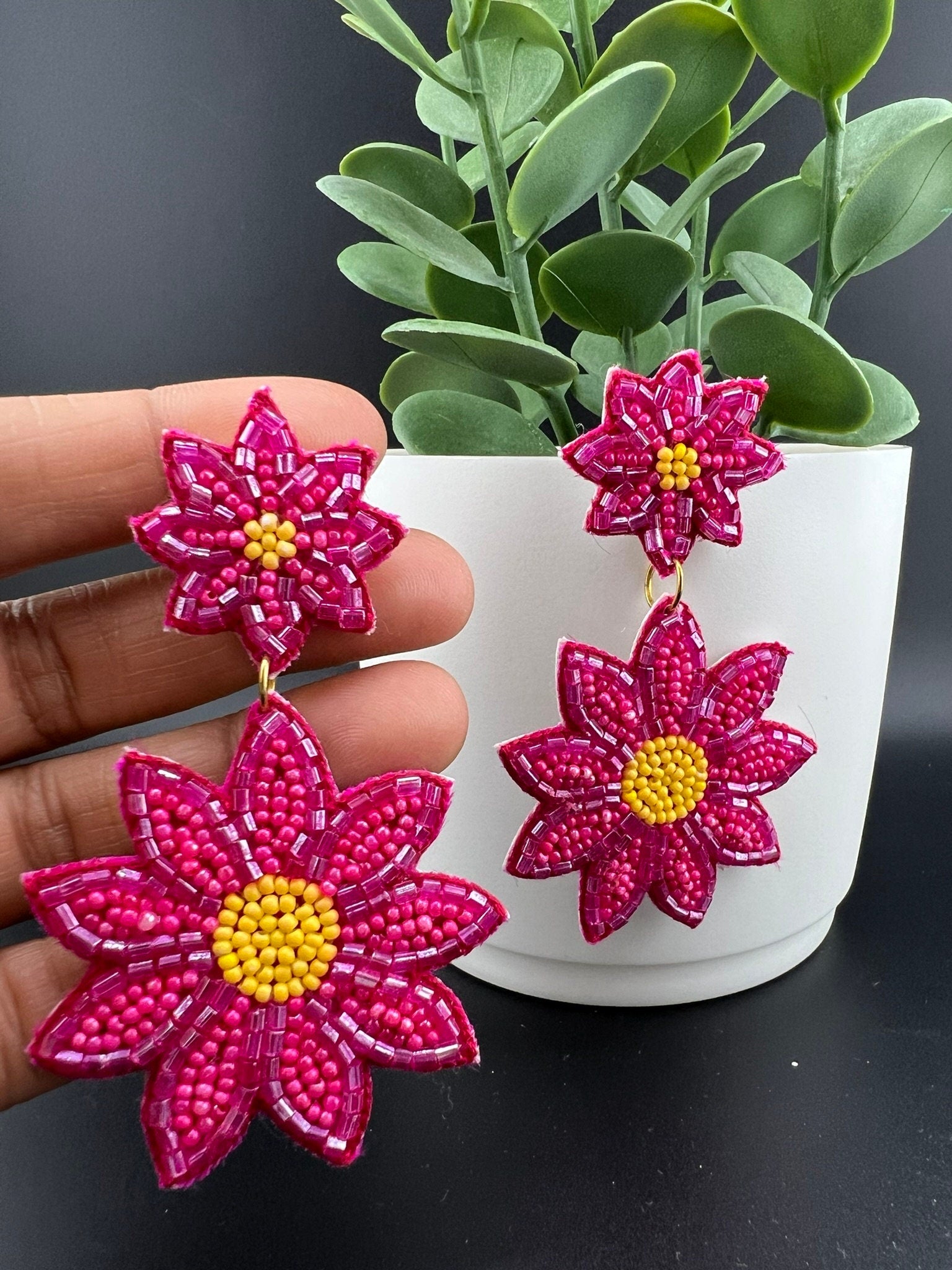 Beaded Shining Magenta/Pink Flower quirky earring/Handmade earring/Statement Earring/Boho Earring/Beaded earring/Ethnic Earring/Valentines